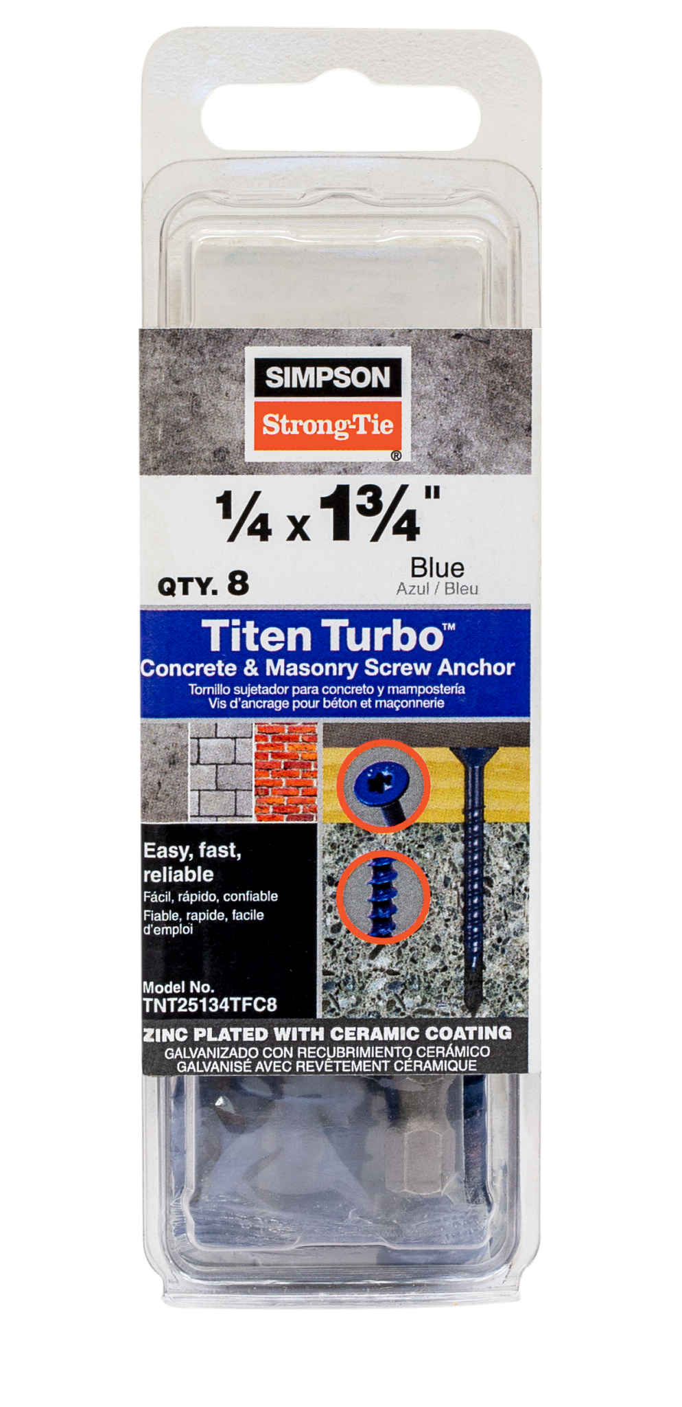 Simpson Strong-Tie TNT25134TFC8 Titen Turbo™ — 1/4 in. x 1-3/4 in. 6-Lobe Flat-Head Concrete and Masonry Screw, Blue (8-Qty) (Pack of 5520)