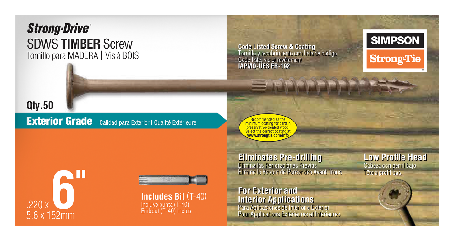 Simpson Strong-Tie SDWS22600DB-R50 Strong-Drive® SDWS™ TIMBER Screw (Exterior Grade) — 0.220 in. x 6 in. T40, Tan (50-Qty)