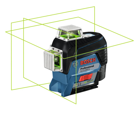 Kit láser de línea de nivelación y alineación de tres planos BOSCH GLL3-330CG de 12 V máx. 360° con haz verde conectado y (1) batería de 2 Ah