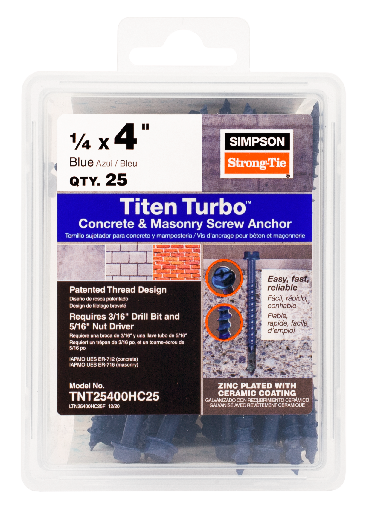 Simpson Strong-Tie TNT25400HC25 Titen Turbo™ — 1/4 in. x 4 in. Hex-Head Concrete and Masonry Screw, Blue (25-Qty) (Pack of 1152)