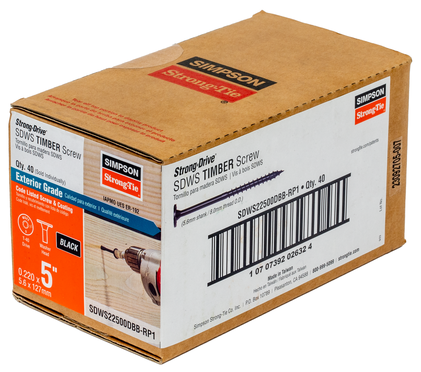 Simpson Strong-Tie SDWS22500DBB-RP1 Strong-Drive® SDWS™ TIMBER Screw (Exterior Grade) — 0.220 in. x 5 in. T40, Black (Pack of 40)