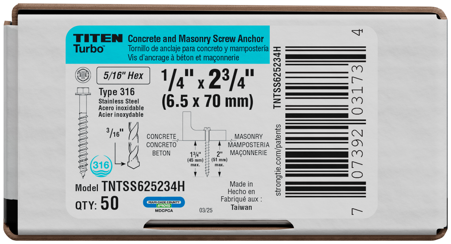 Simpson Strong-Tie TNTSS625234H Titen Turbo™ — 1/4 in. x 2-3/4 in. Type 316 Stainless-Steel Hex-Head Concrete and Masonry Screw (50-Qty)