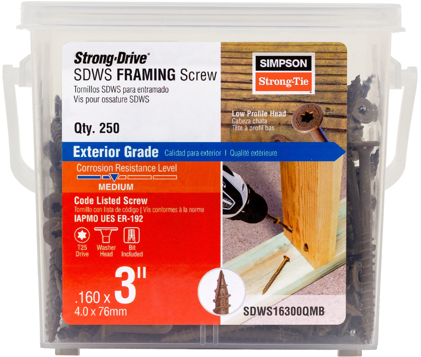 Simpson Strong-Tie SDWS16300QMB Strong-Drive® SDWS™ FRAMING Screw — 0.160 in. x 3 in. T25, Quik Guard®, Tan (250-Qty) (Pack of 4)