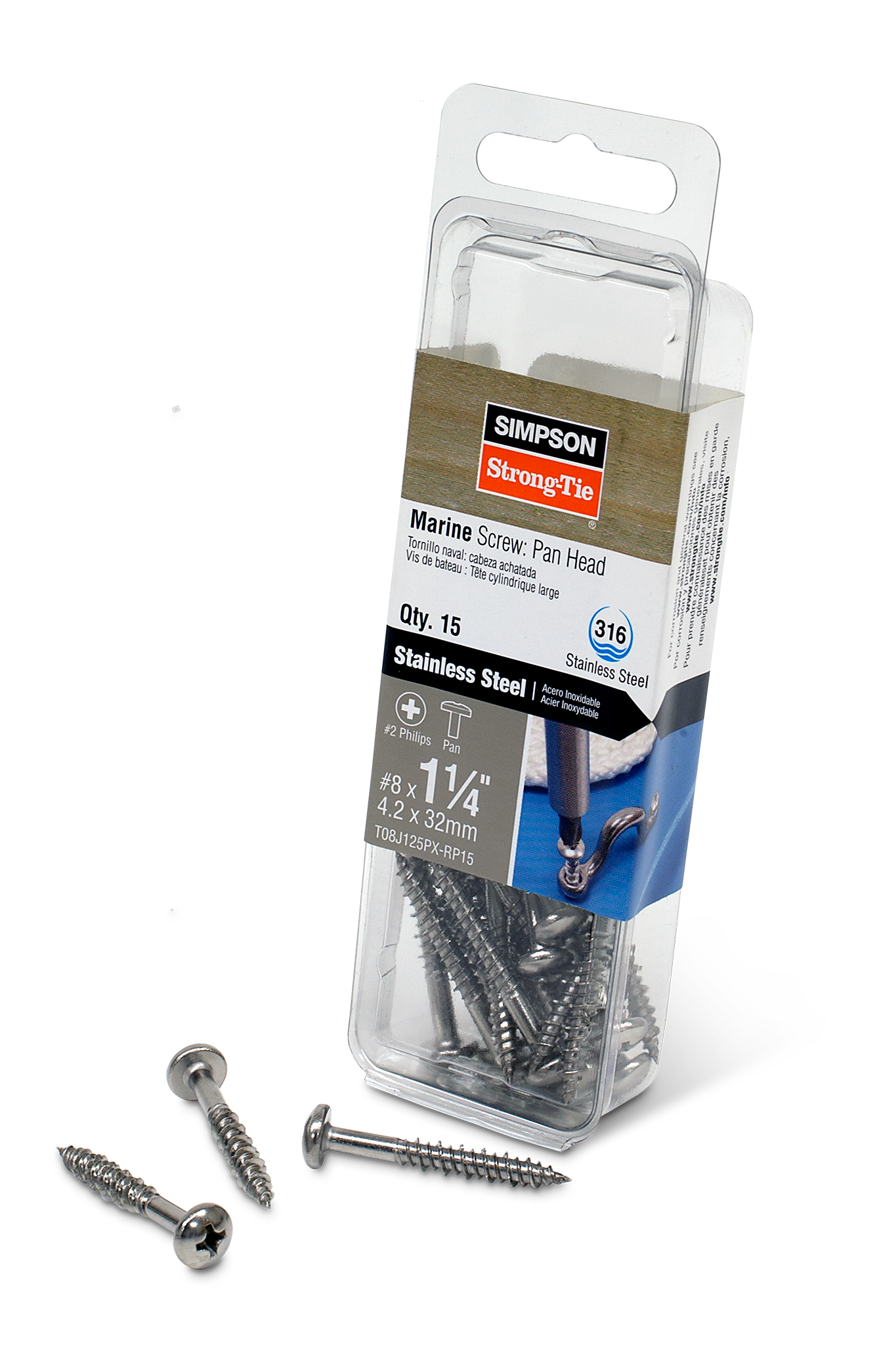 Simpson Strong-Tie T08J125PX-RP15 Marine Screw, Pan Head — #8 x 1-1/4 in. #2 Phillips Drive, Type 316 (15-Qty) (Pack of 5)