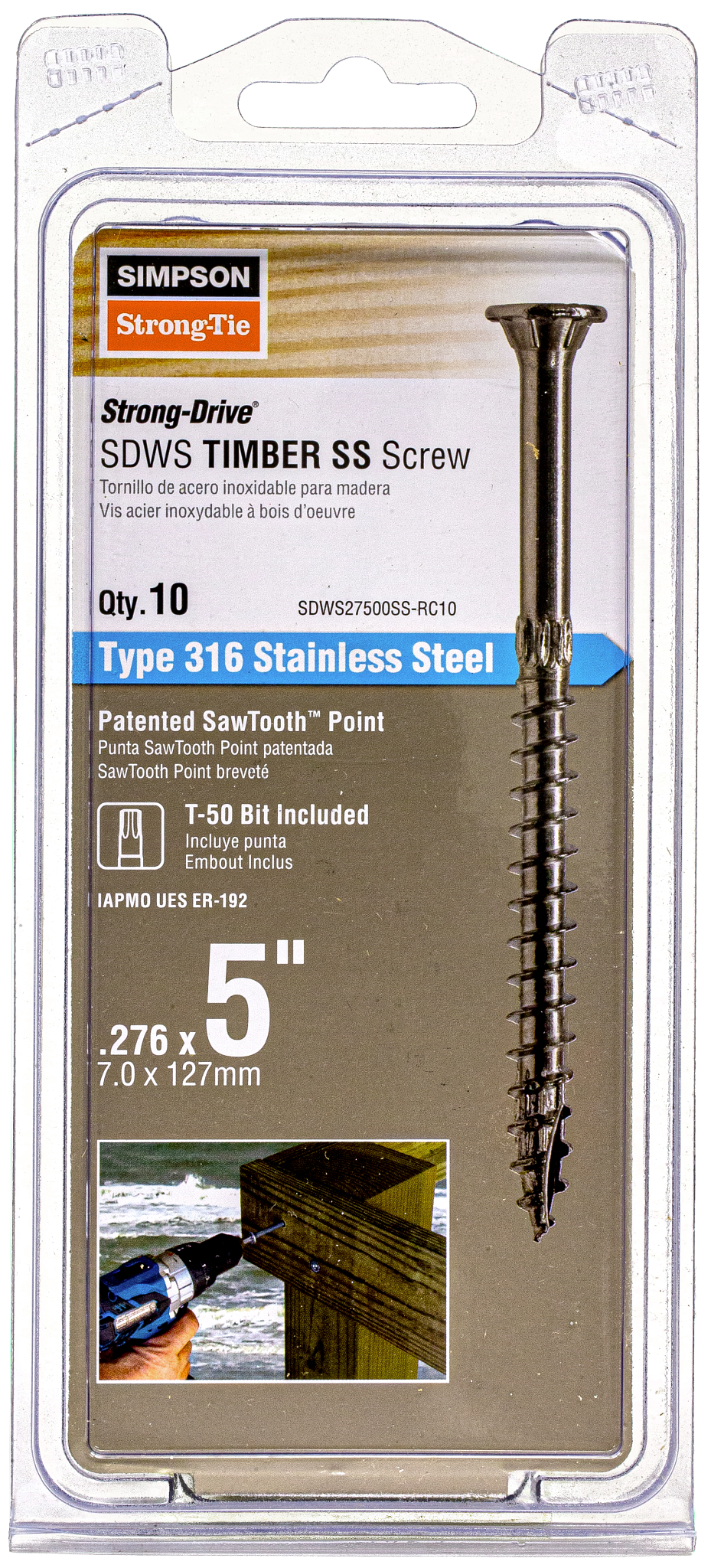 Simpson Strong-Tie SDWS27500SS-RC10 Strong-Drive® SDWS™ TIMBER Screw — 0.275 in. x 5 in. T50, Type 316 (10-Qty) (Pack of 360)
