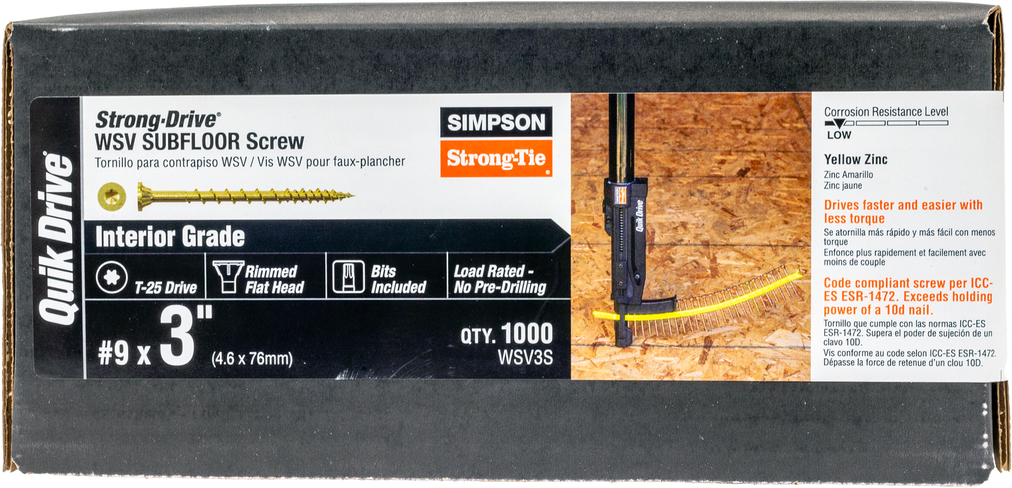 Simpson Strong-Tie WSV3S Strong-Drive® WSV SUBFLOOR Screw (Collated) — #9 x 3 in. T25, Yellow Zinc (1000-Qty)