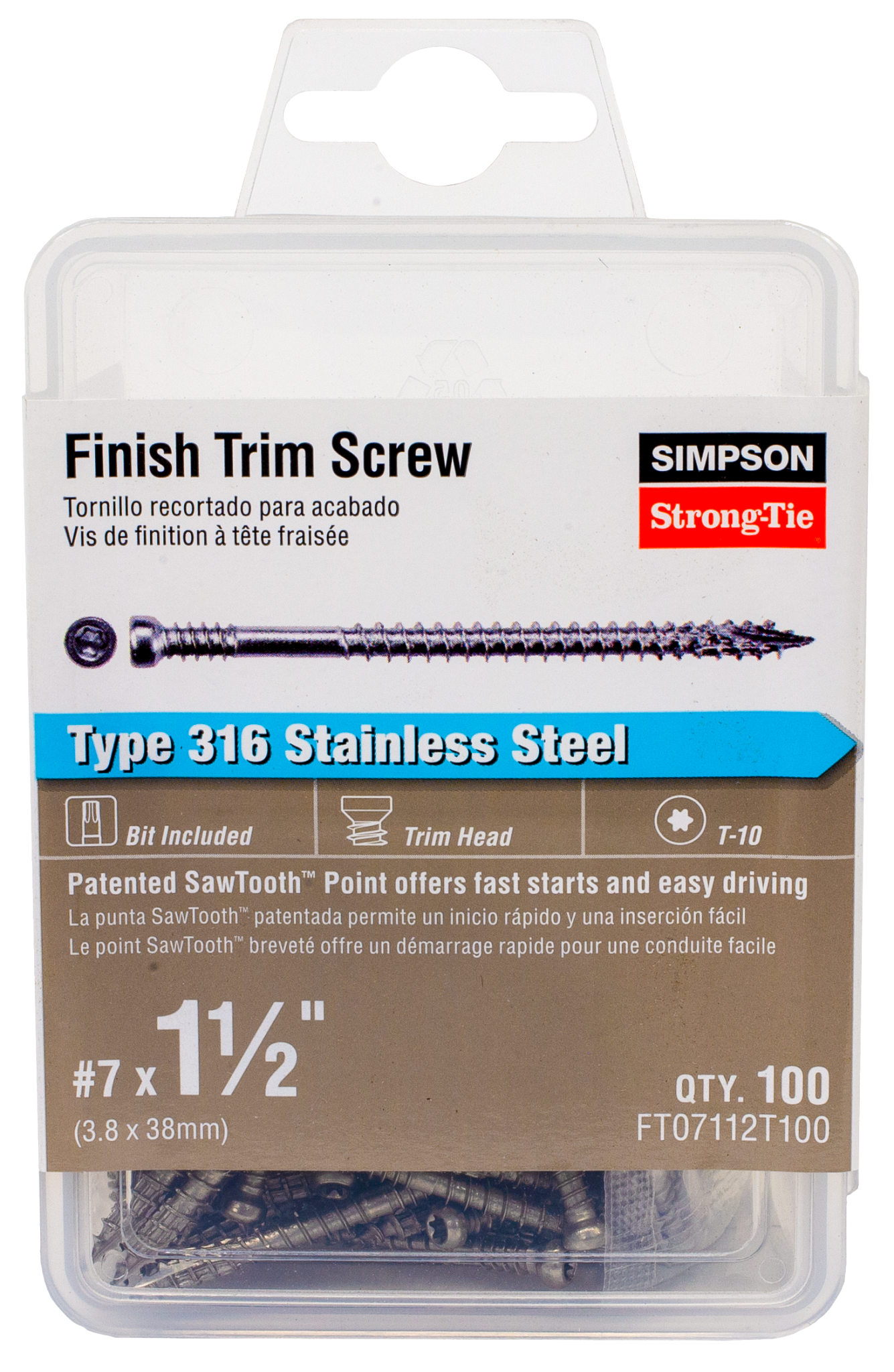 Simpson Strong-Tie FT07112T100 Finish Trim Screw — #7 x 1-1/2 in. T10, Trim-Head, Type 316 (100-Qty) (Pack of 5)