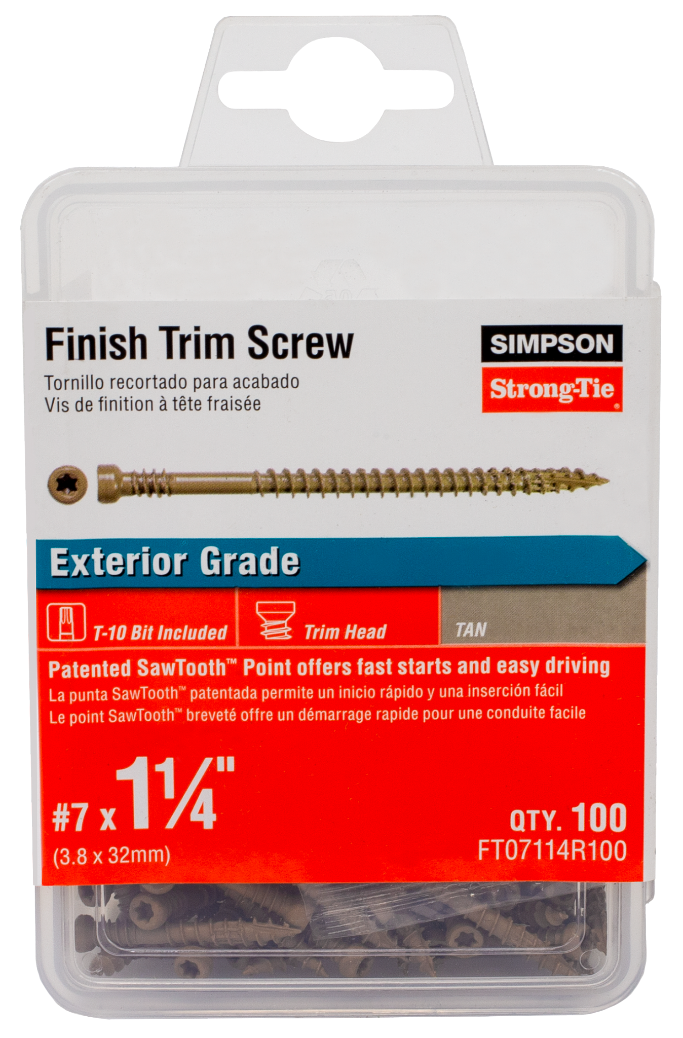 Simpson Strong-Tie FT07114R100 Finish Trim Screw — #7 x 1-1/4 in. T10, Trim-Head, Quik Guard®, Tan (100-Qty) (Pack of 5)
