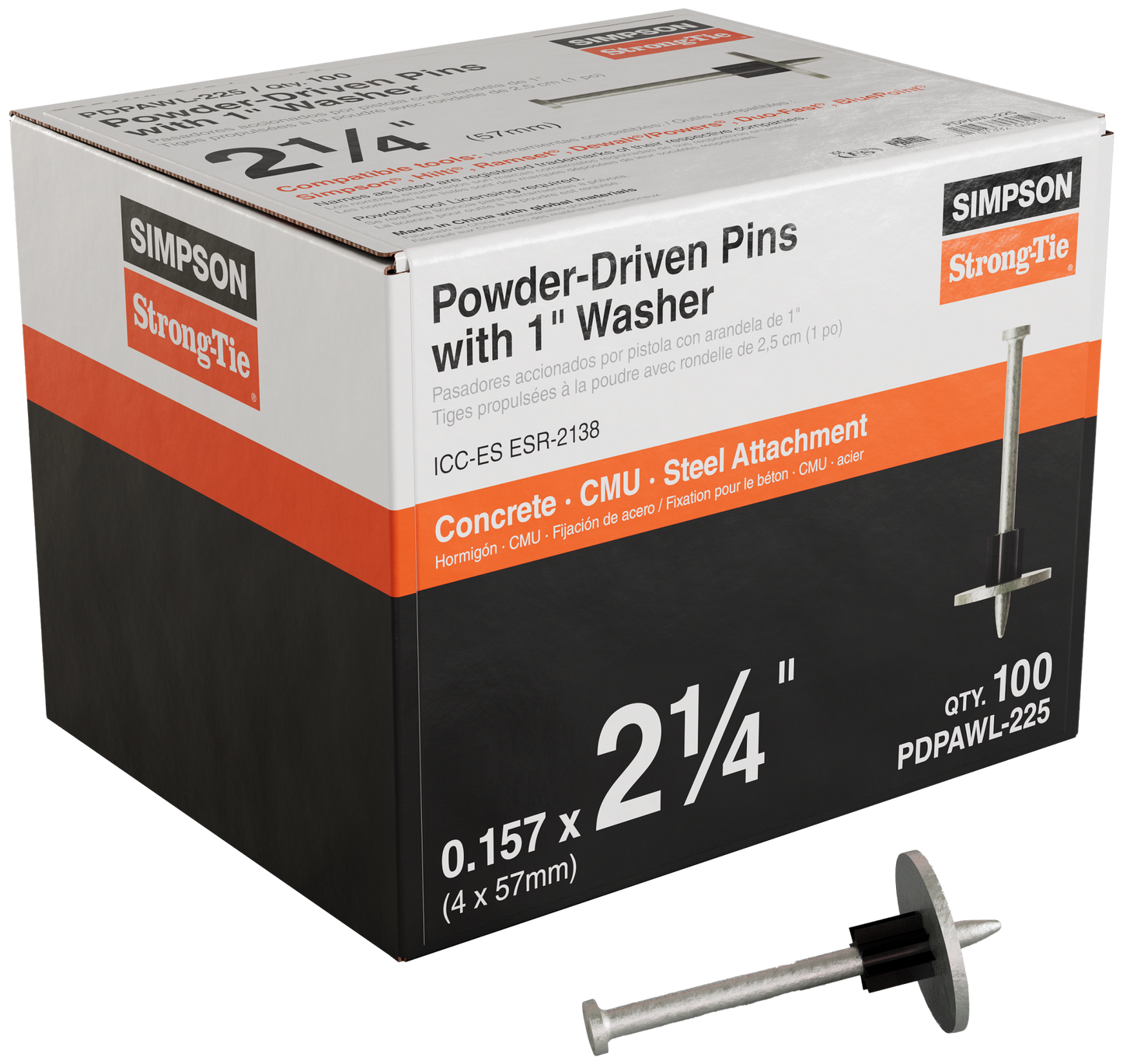 Simpson Strong-Tie PDPAWL-225 PDPAWL .157-in. x 2-1/4-in. Powder-Actuated Pin with 1-in. Washer (100-Qty)