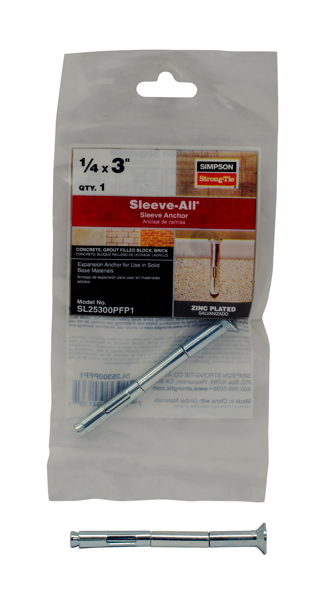 Simpson Strong-Tie SL25300PFP1 Sleeve-All® 1/4 in. x 3 in. Phillips Flat-Head Sleeve Anchor