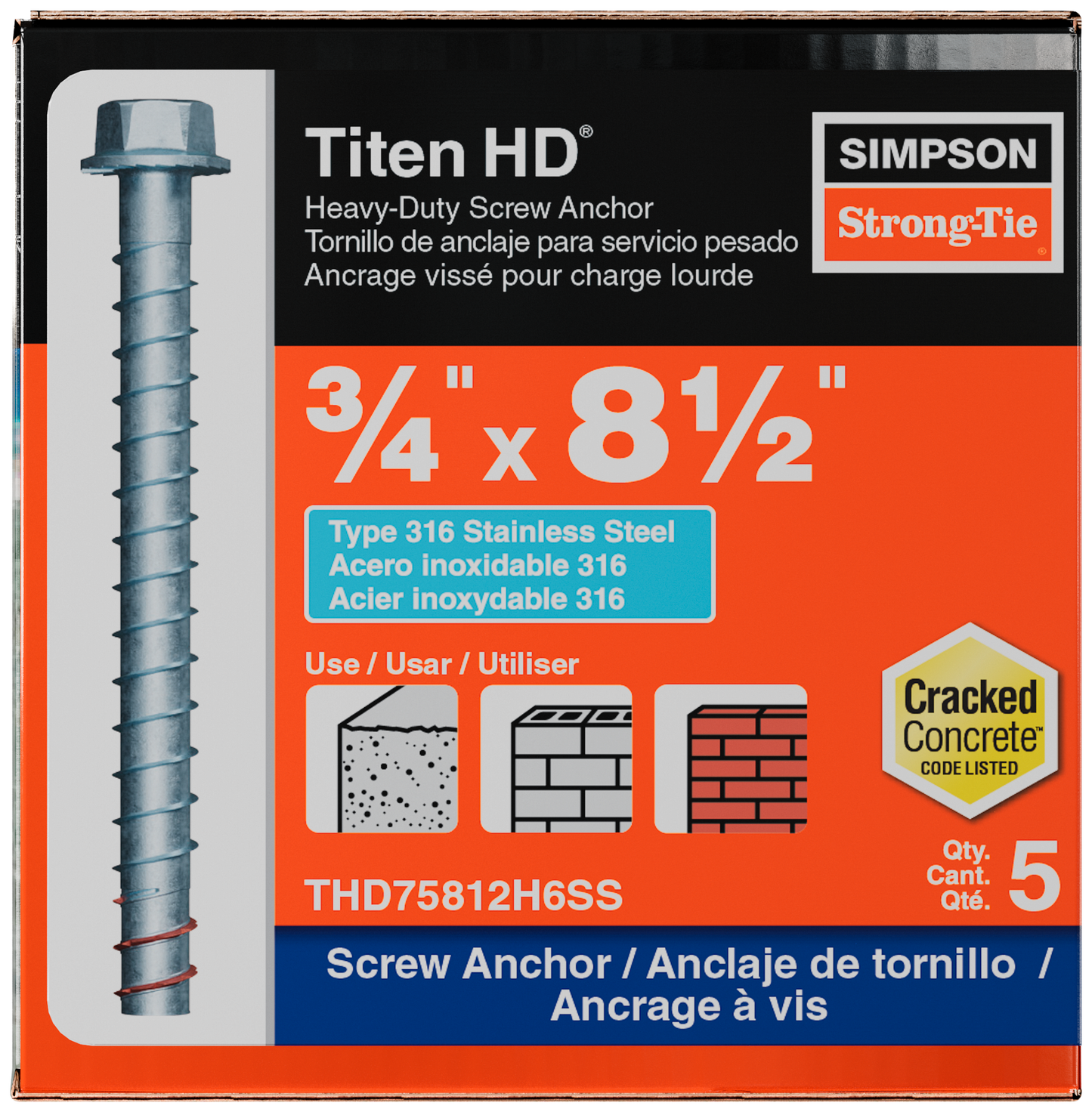 Simpson Strong-Tie THD75812H6SS Titen HD® 3/4 in. x 8-1/2 in. Type 316 Stainless Steel Heavy-Duty Screw Anchor (5-Qty) (Pack of 2)