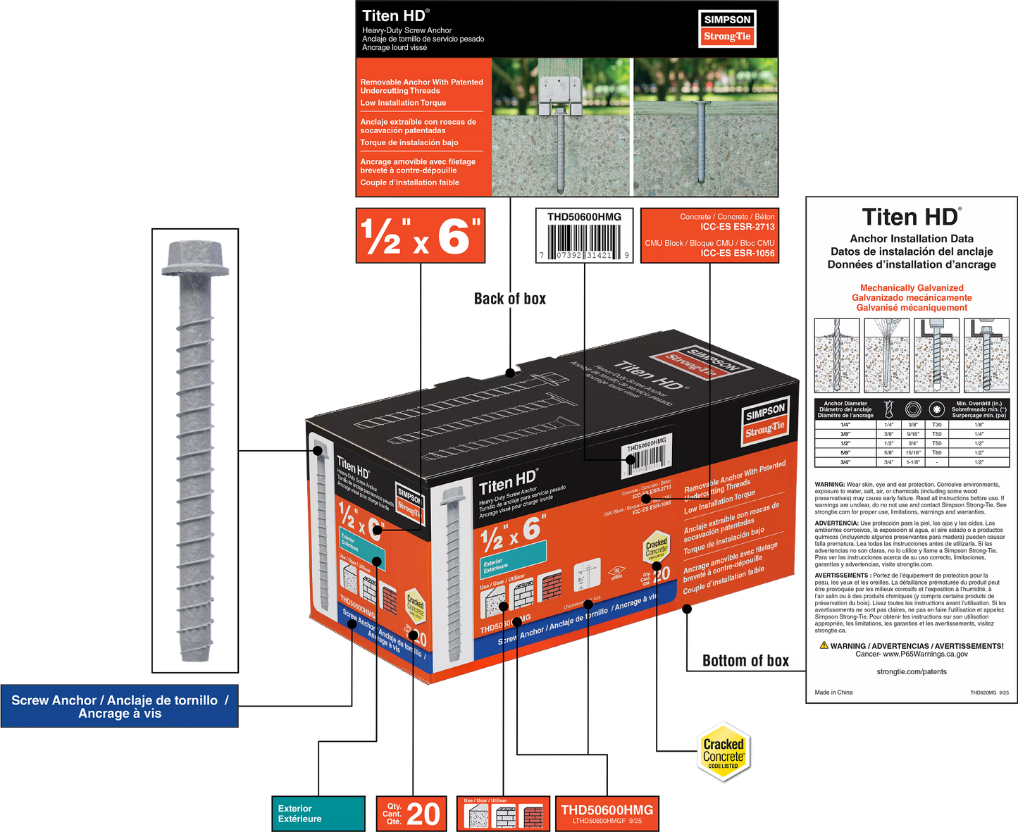 Simpson Strong-Tie THD50600HMG Titen HD® 1/2 in. x 6 in. Mechanically Galvanized Heavy-Duty Screw Anchor (20-Qty)