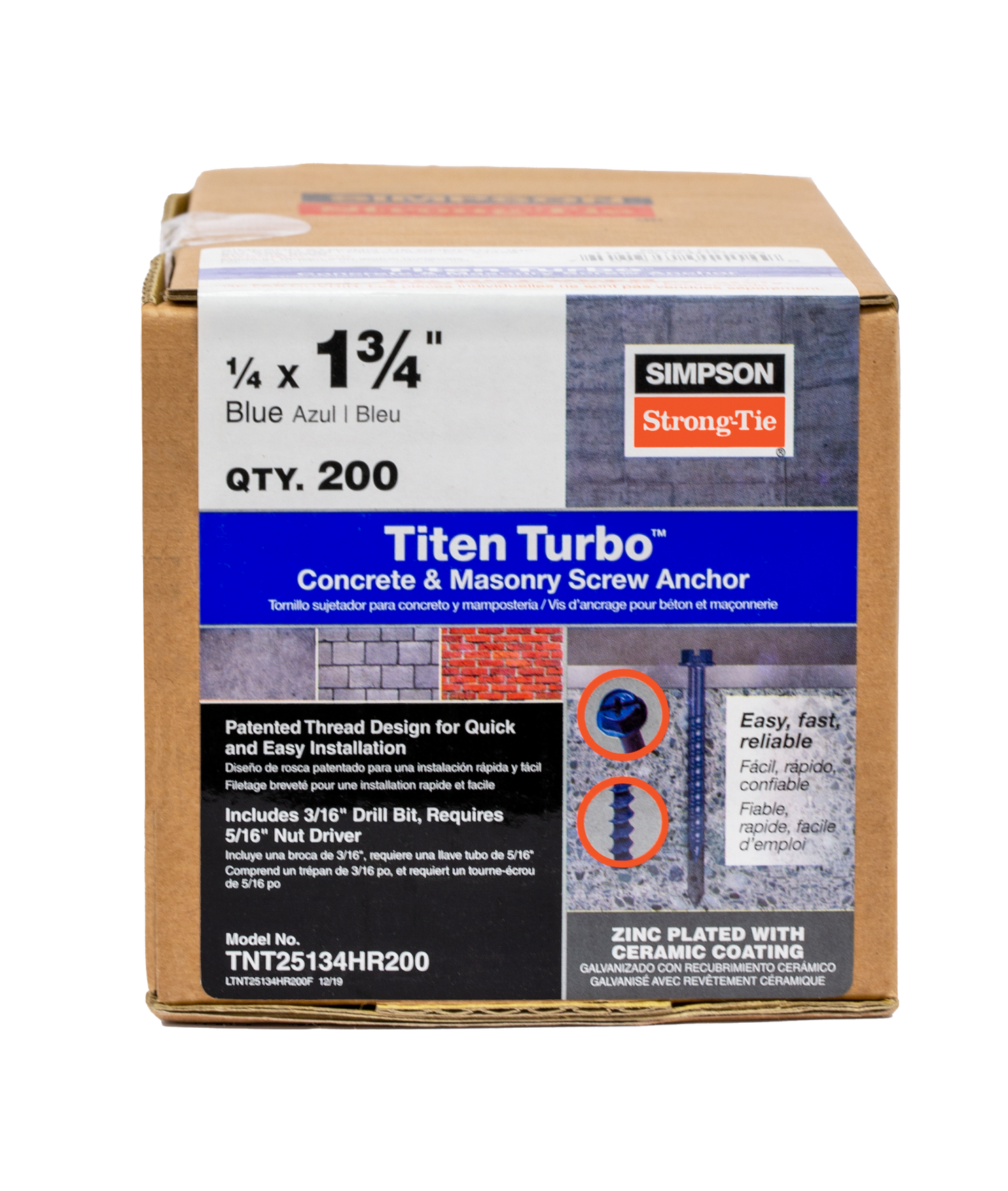 Simpson Strong-Tie TNT25134H Titen Turbo™ — 1/4 in. x 1-3/4 in. Hex-Head Concrete and Masonry Screw, Blue (100-Qty) (Pack of 840)