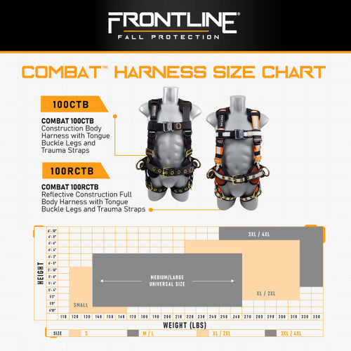 Frontline 100CTB Combat Construction Full Body Harness with Tongue Buckle Legs and Trauma Straps 3X/4X