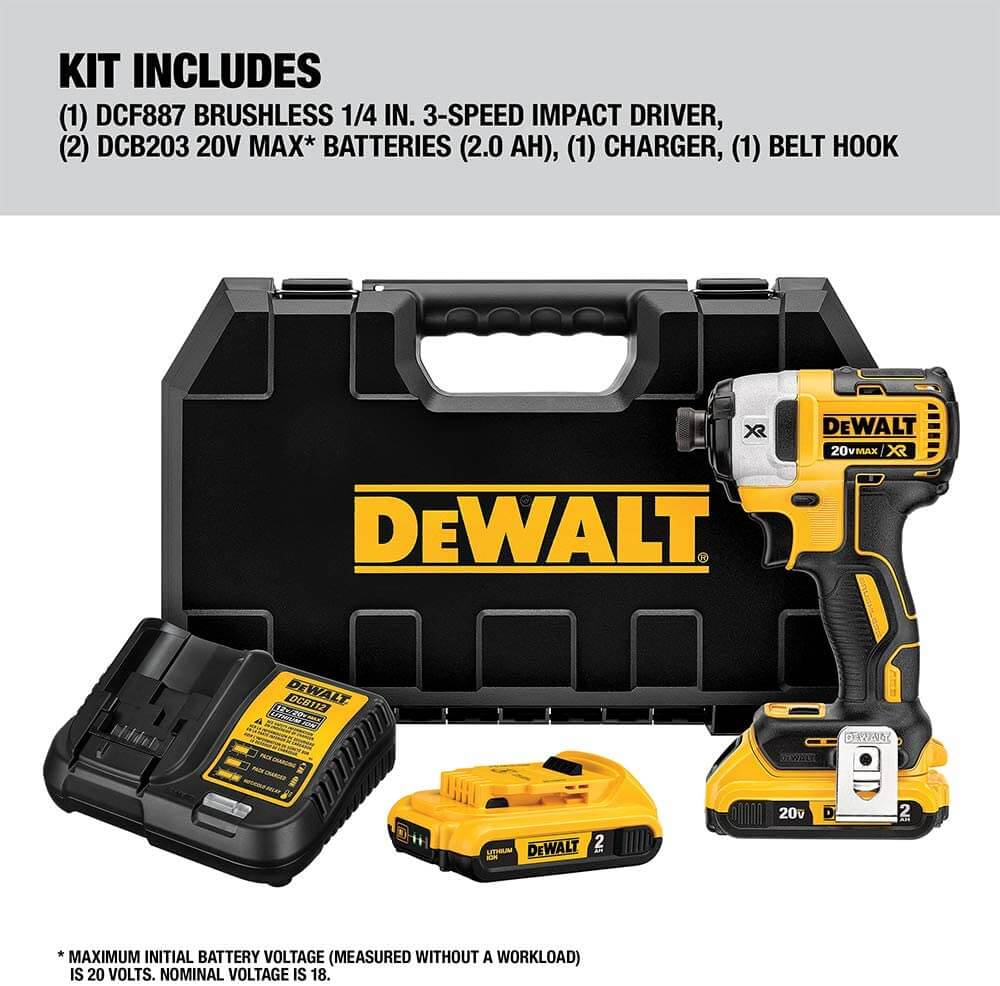 DEWALT DCF887D2 20V MAX* XR® 1/4" 3-Speed Impact Driver Kit (2.0Ah)