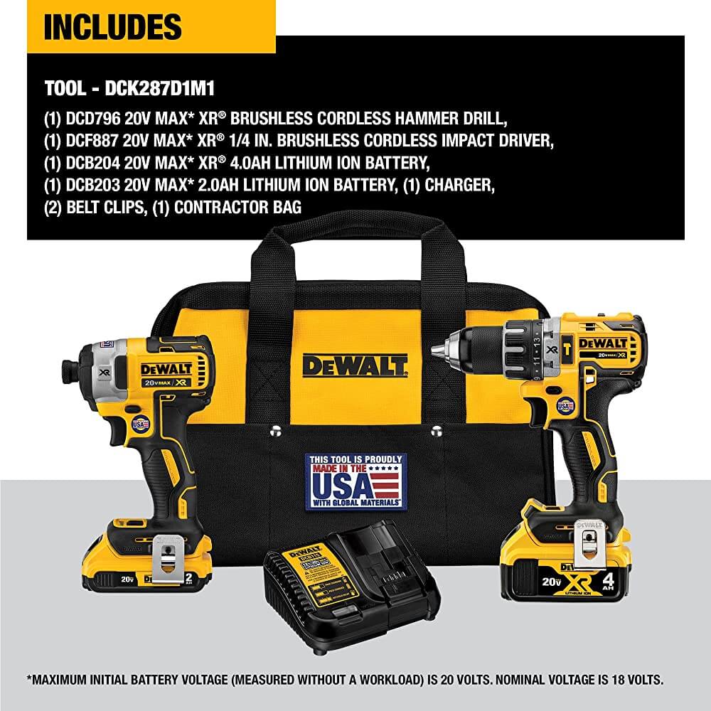 DEWALT DCK287D1M1 20V MAX* XR® cordless HAMMER DRILL/DRIVER & IMPACT DRIVER COMBO KIT
