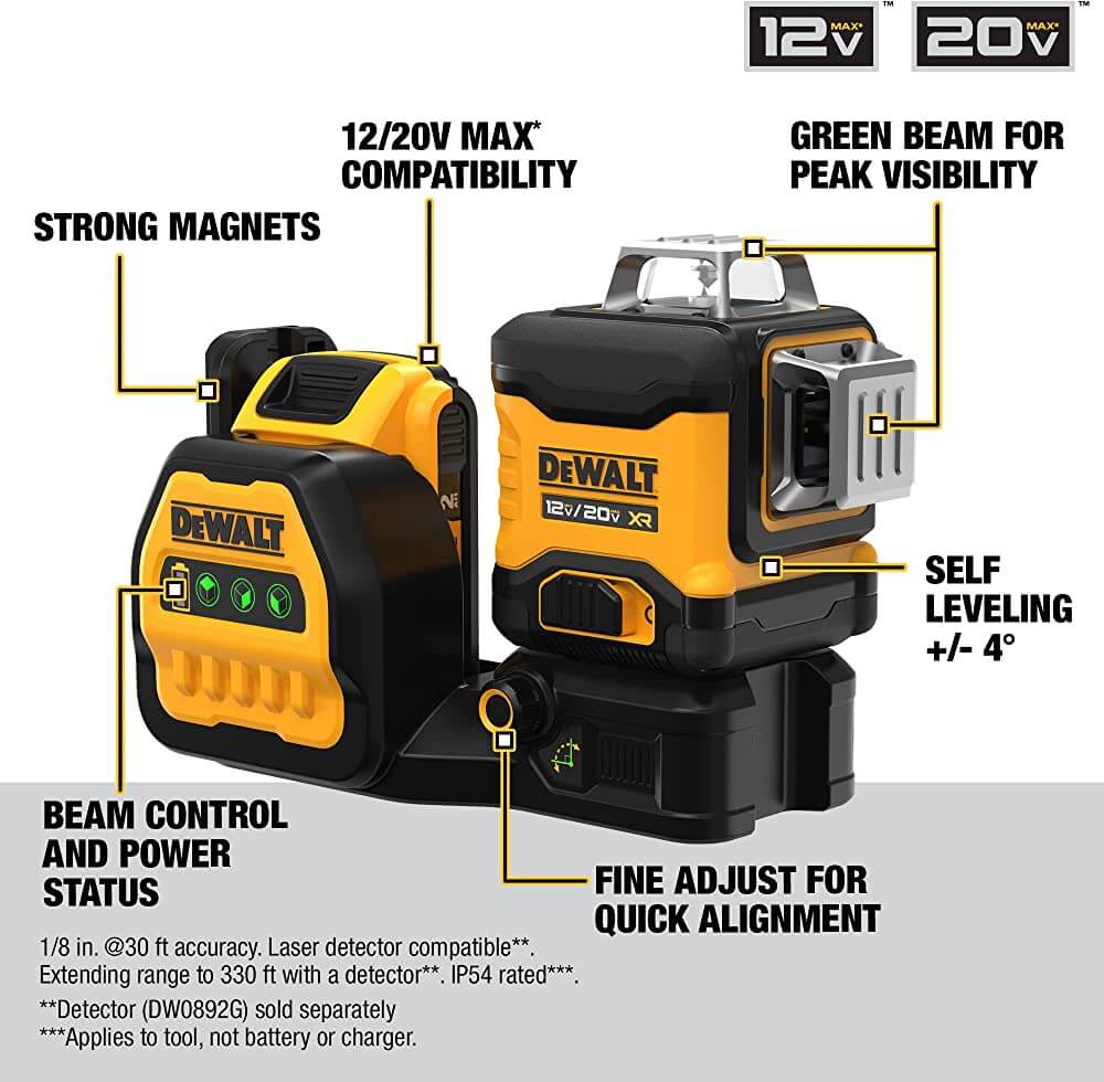 DEWALT DCLE34030G 20V MAX* XR® 3 x 360 Green Laser