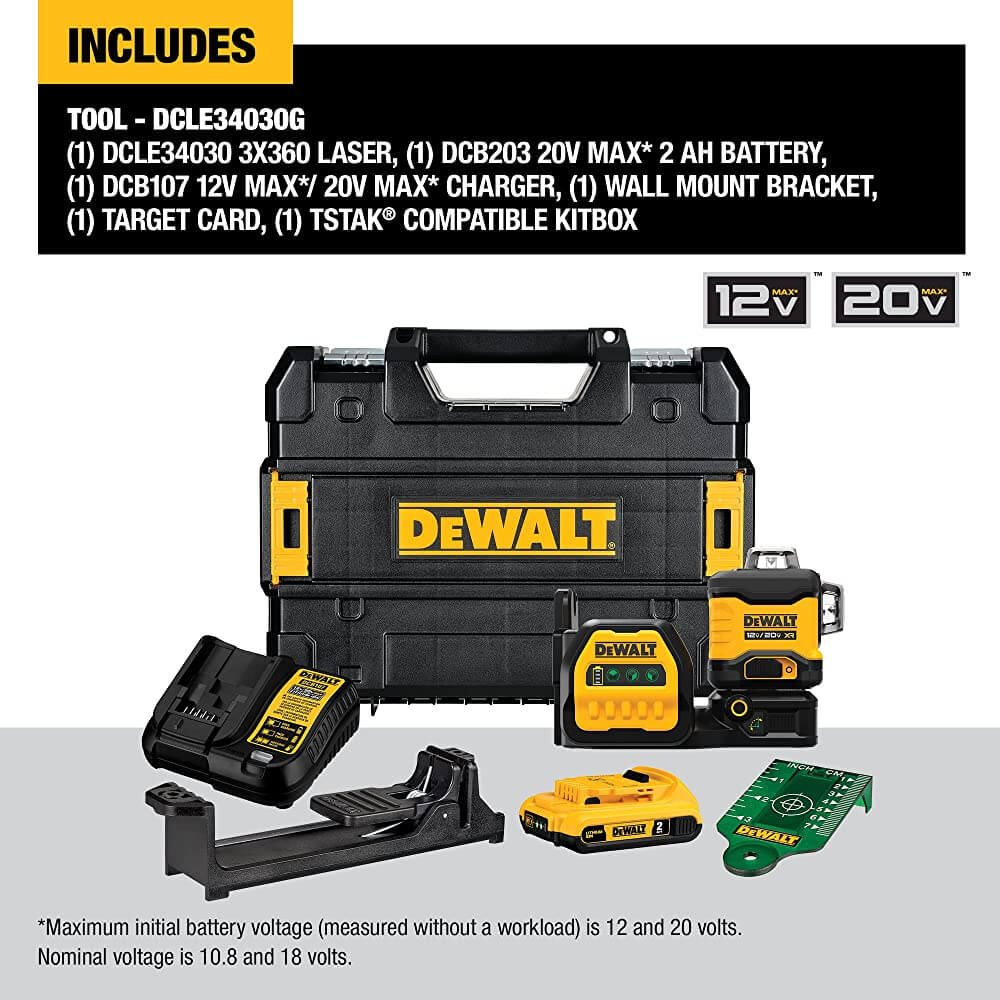 DEWALT DCLE34030G 20V MAX* XR® 3 x 360 Green Laser
