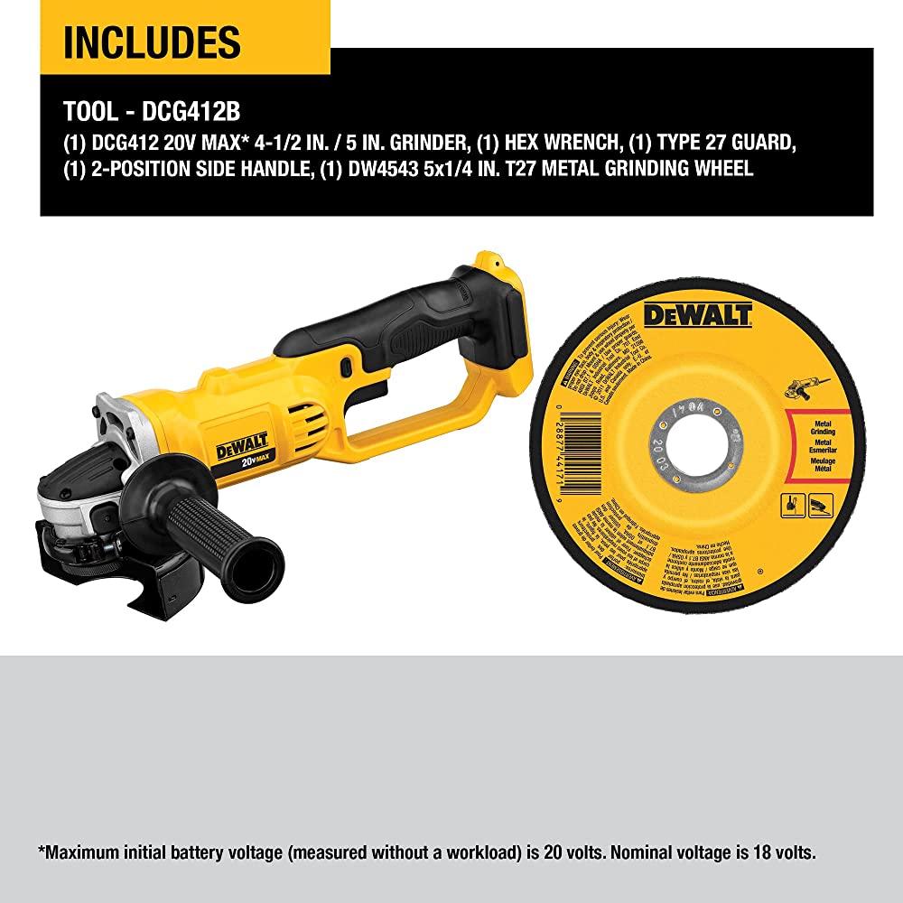 Amoladora DEWALT DCG412B 20V MAX* de iones de litio de 4-1/2” (solo herramienta)