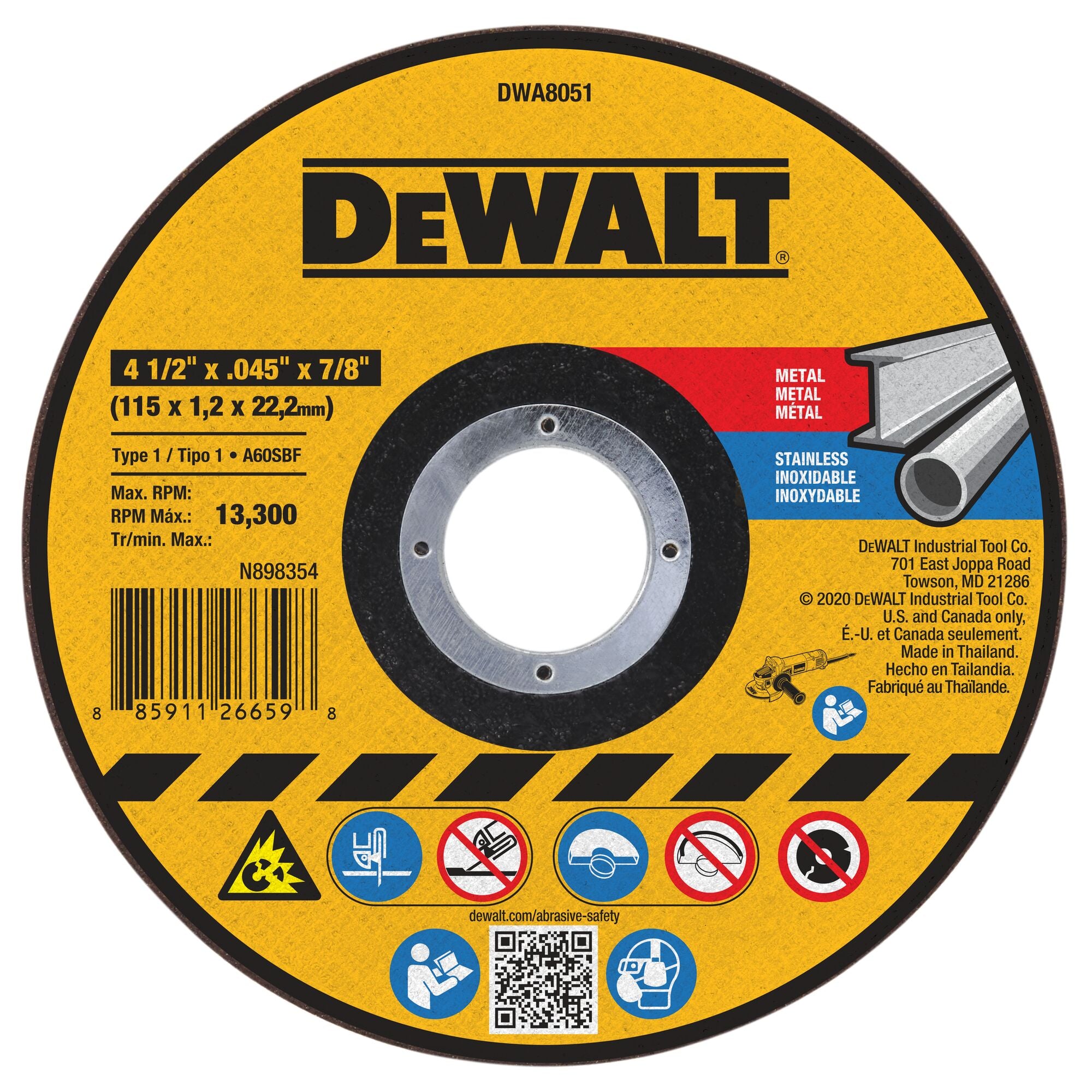 DeWalt DWA8051 4-1/2 In x .045 in Aluminum Oxide Abrasive Chop / Cut-Off Blade with 7/8 in Arbor For Concrete & Masonry Cutting (1 Pack)