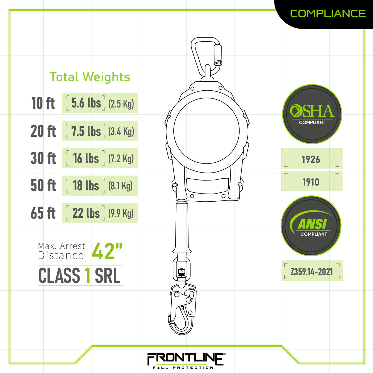 Frontline RPG10 Cable Single Leg SRL with Steel Snap Hook End with Carry on Handle and Tagline