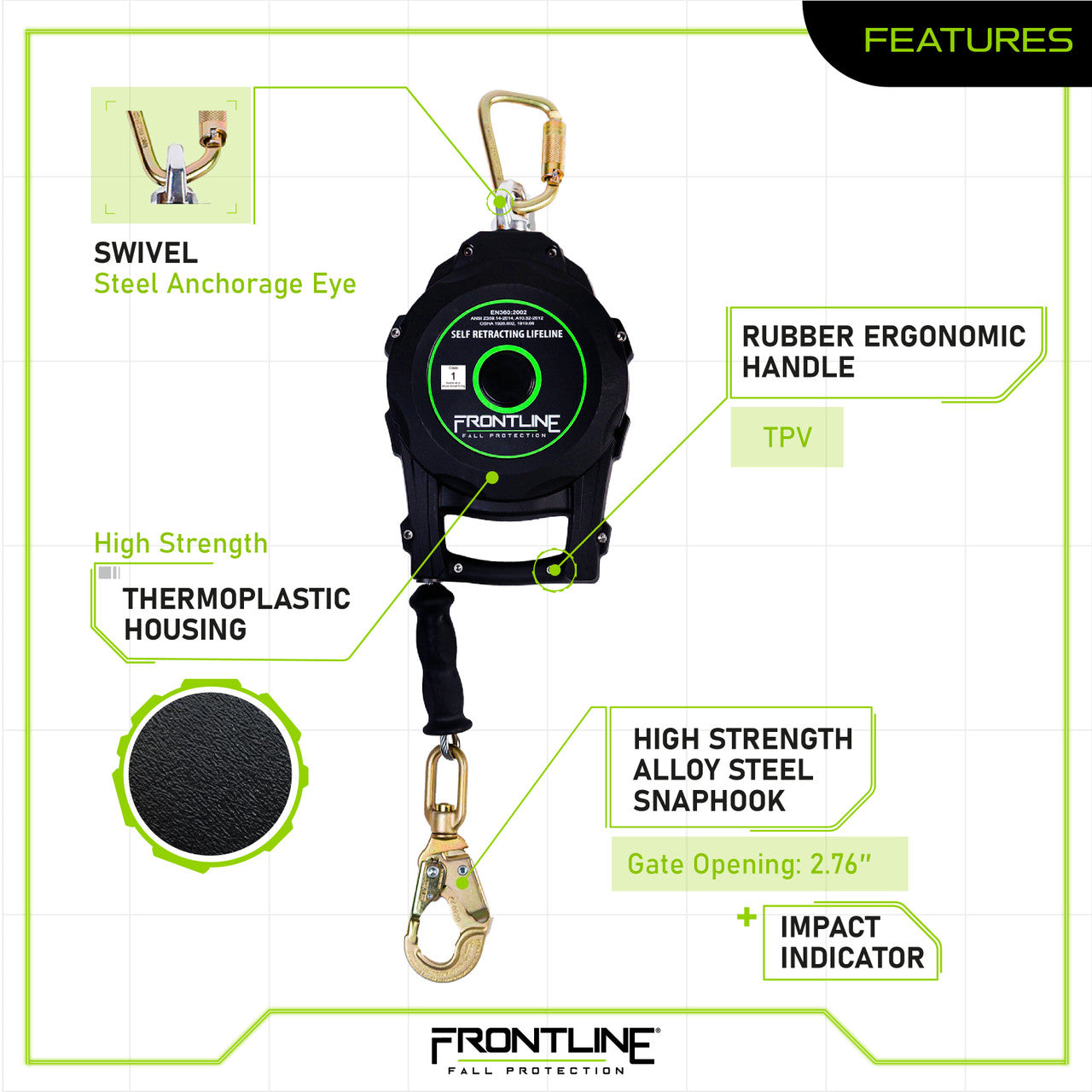 Frontline RPG20 20' Cable Single Leg SRL with Steel Snap Hook End with Carry on Handle and Tagline