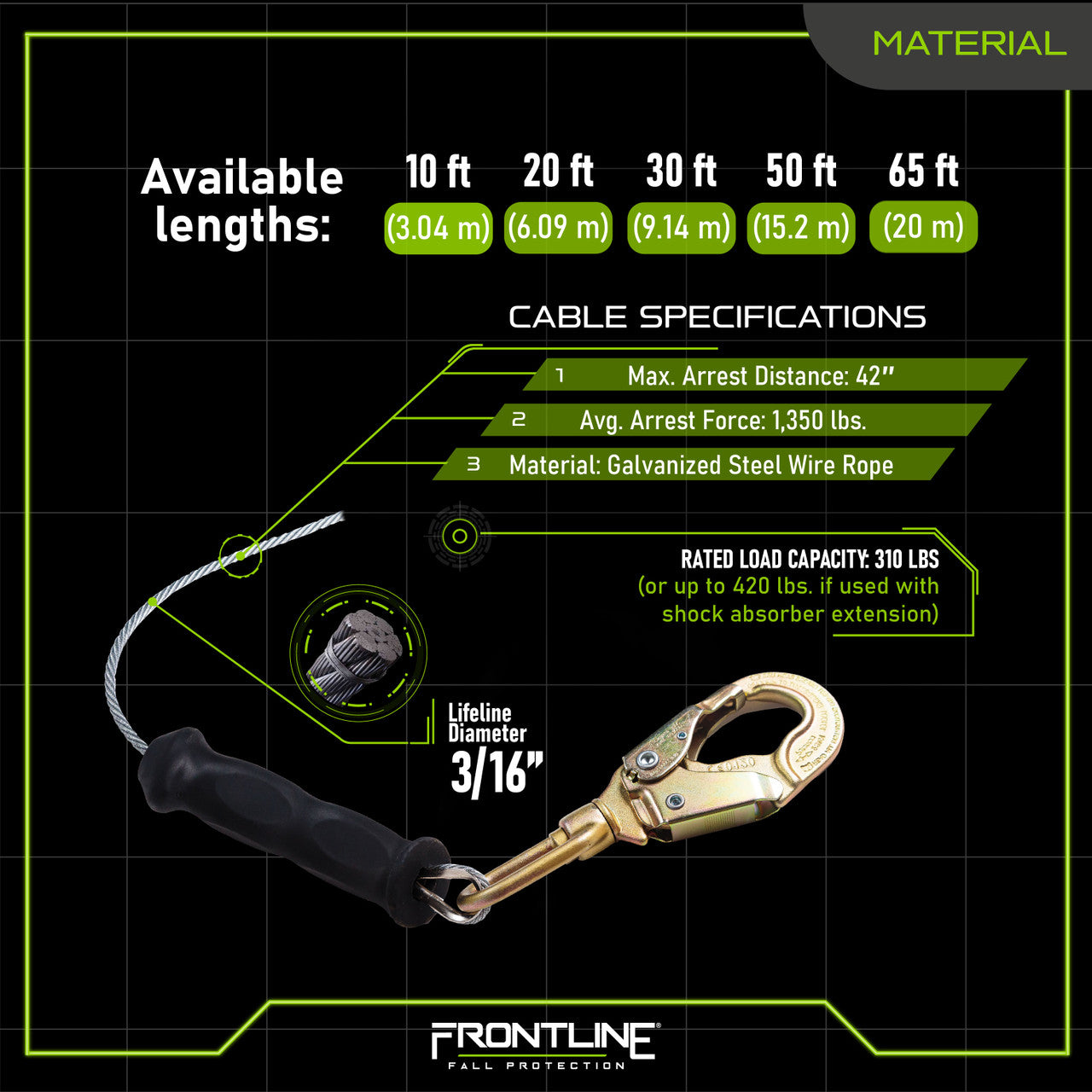 Frontline RPG20 20' Cable Single Leg SRL with Steel Snap Hook End with Carry on Handle and Tagline