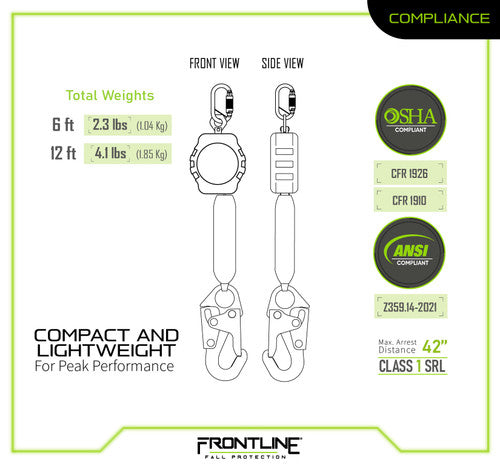Frontline RPA061S 6' Aramid Fiber Web Single Leg SRL with Steel Snap Hook End