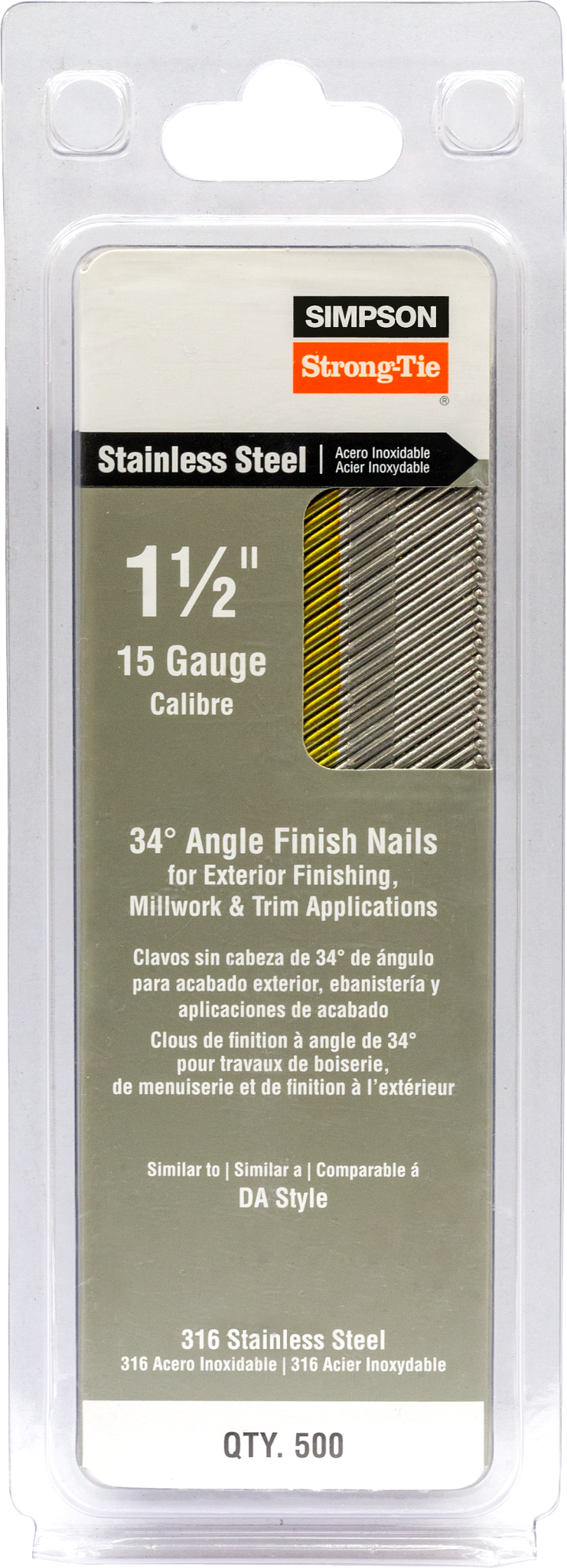 Simpson Strong-Tie T15N150SFB Tape Collation, DA-Style Angle, 15-Gauge Finishing Nail — 1-1/2 in. Type 316 (500-Qty) (Pack of 40)