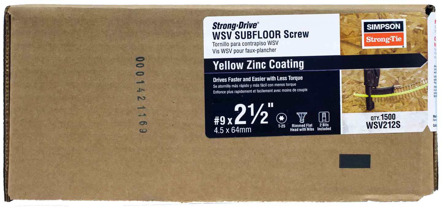 Simpson Strong-Tie WSV212S Strong-Drive® WSV SUBFLOOR Screw (Collated) — #9 x 2-1/2 in. T25, Yellow Zinc (1500-Qty) (Pack of 100)