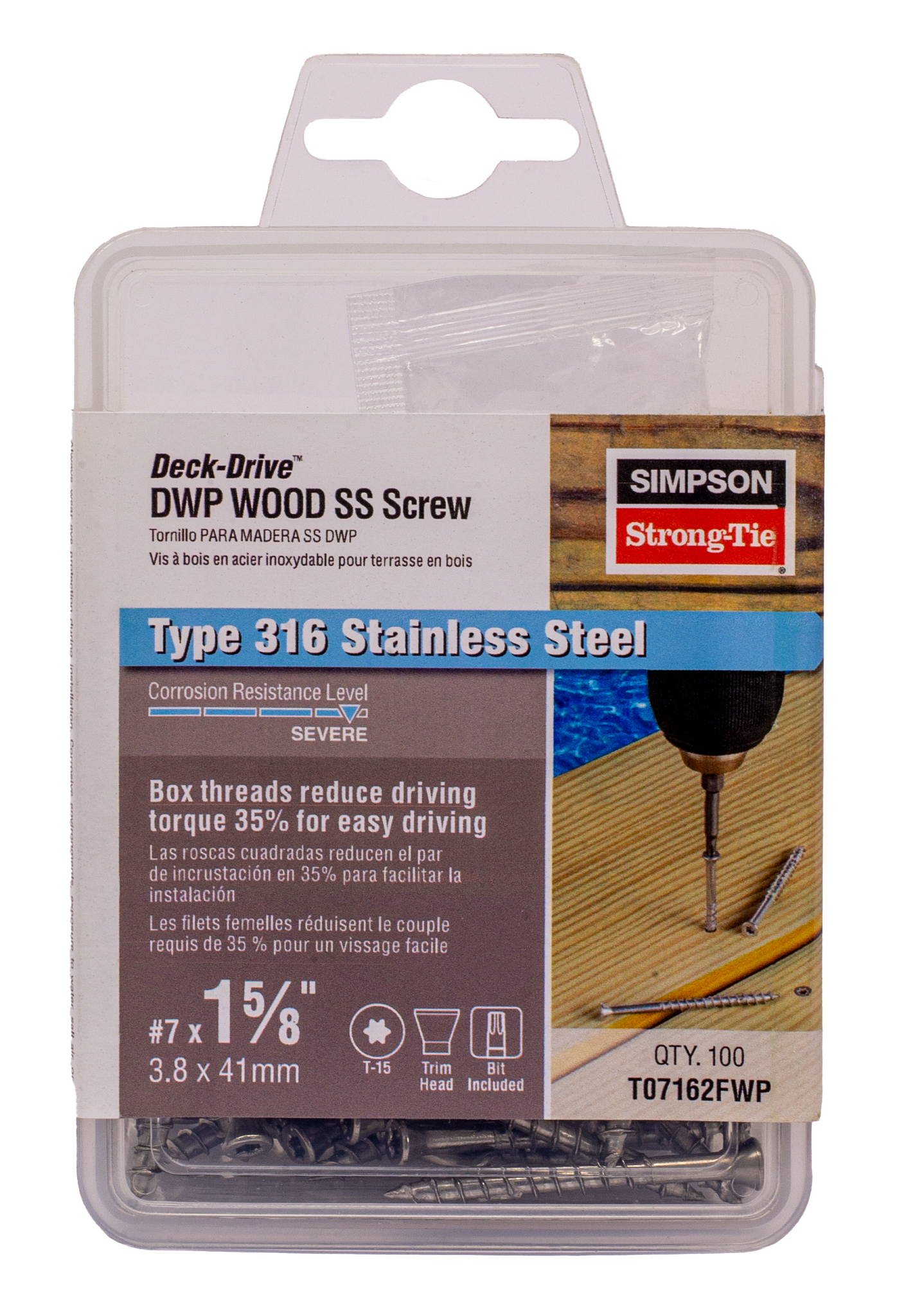 Simpson Strong-Tie T07162FWP Deck-Drive™ DWP WOOD SS Screw — #7 x 1-5/8 in. T-15, Trim Head, Type 316 (100-Qty) (Pack of 600)