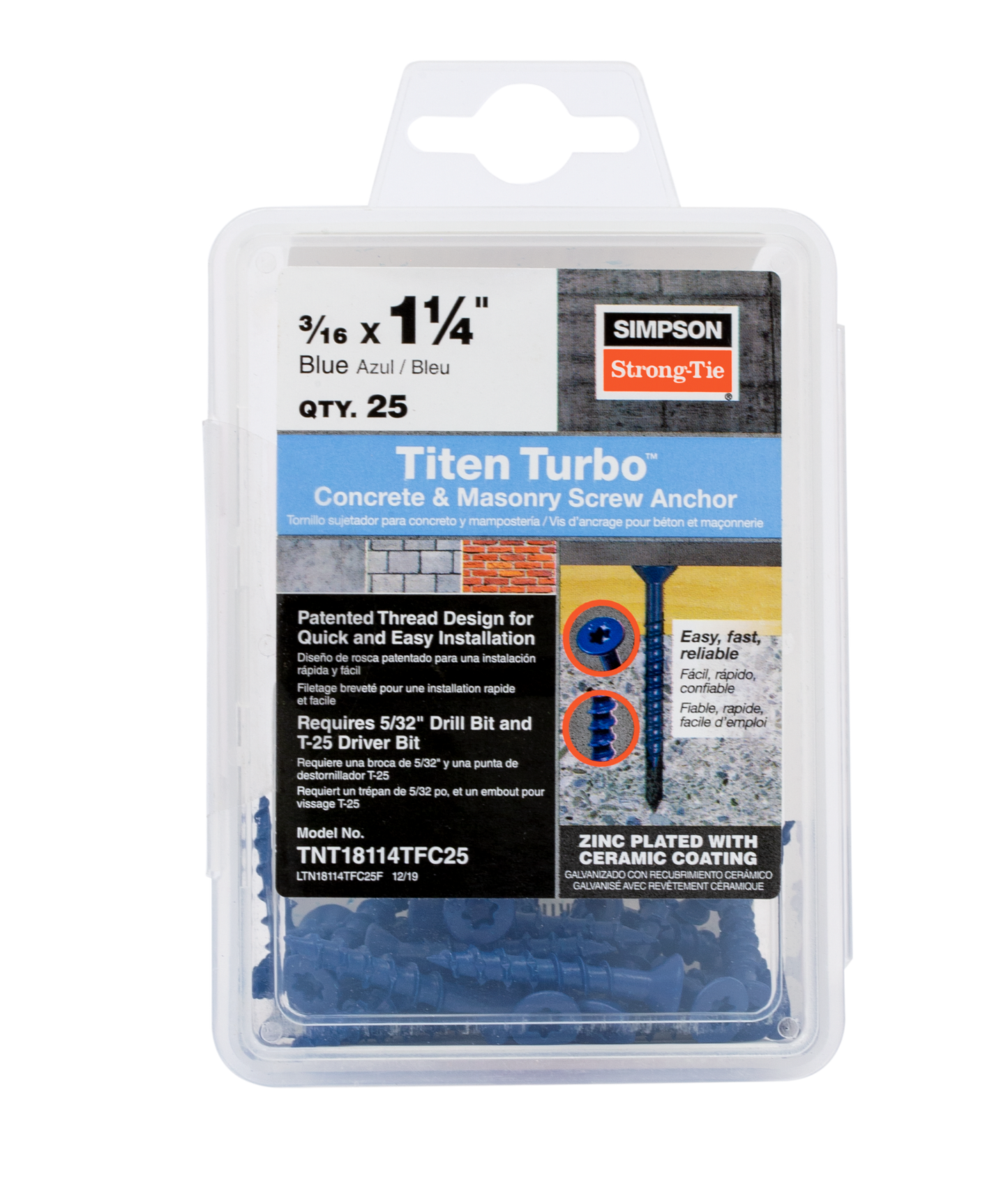 Simpson Strong-Tie TNT18114TFC25 Titen Turbo™ — 3/16 in. x 1-1/4 in. 6-Lobe Flat-Head Concrete and Masonry Screw, Blue (25-Qty) (Pack of 5)