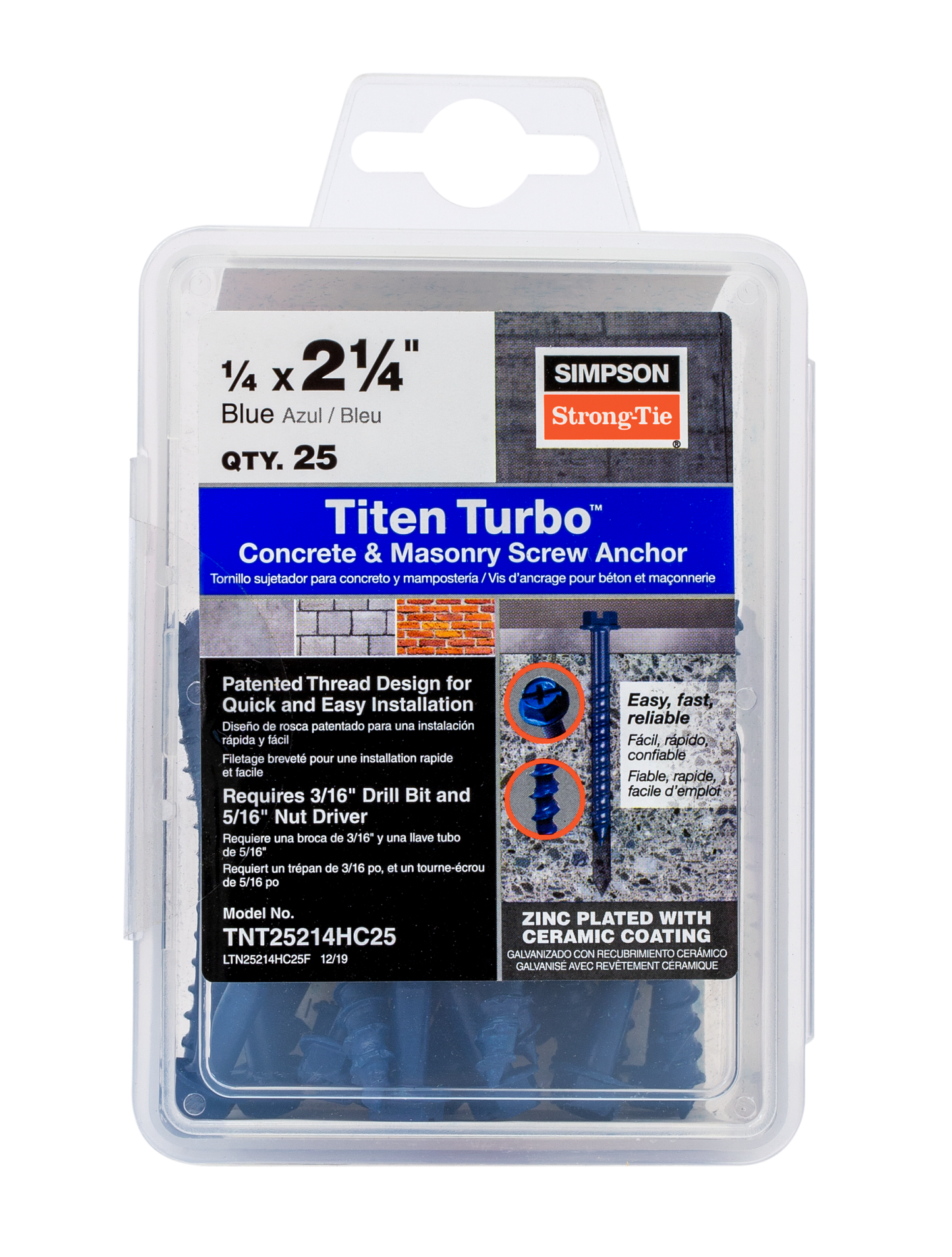 Simpson Strong-Tie TNT25214H Titen Turbo™ — 1/4 in. x 2-1/4 in. Hex-Head Concrete and Masonry Screw, Blue (100-Qty) (Pack of 420)