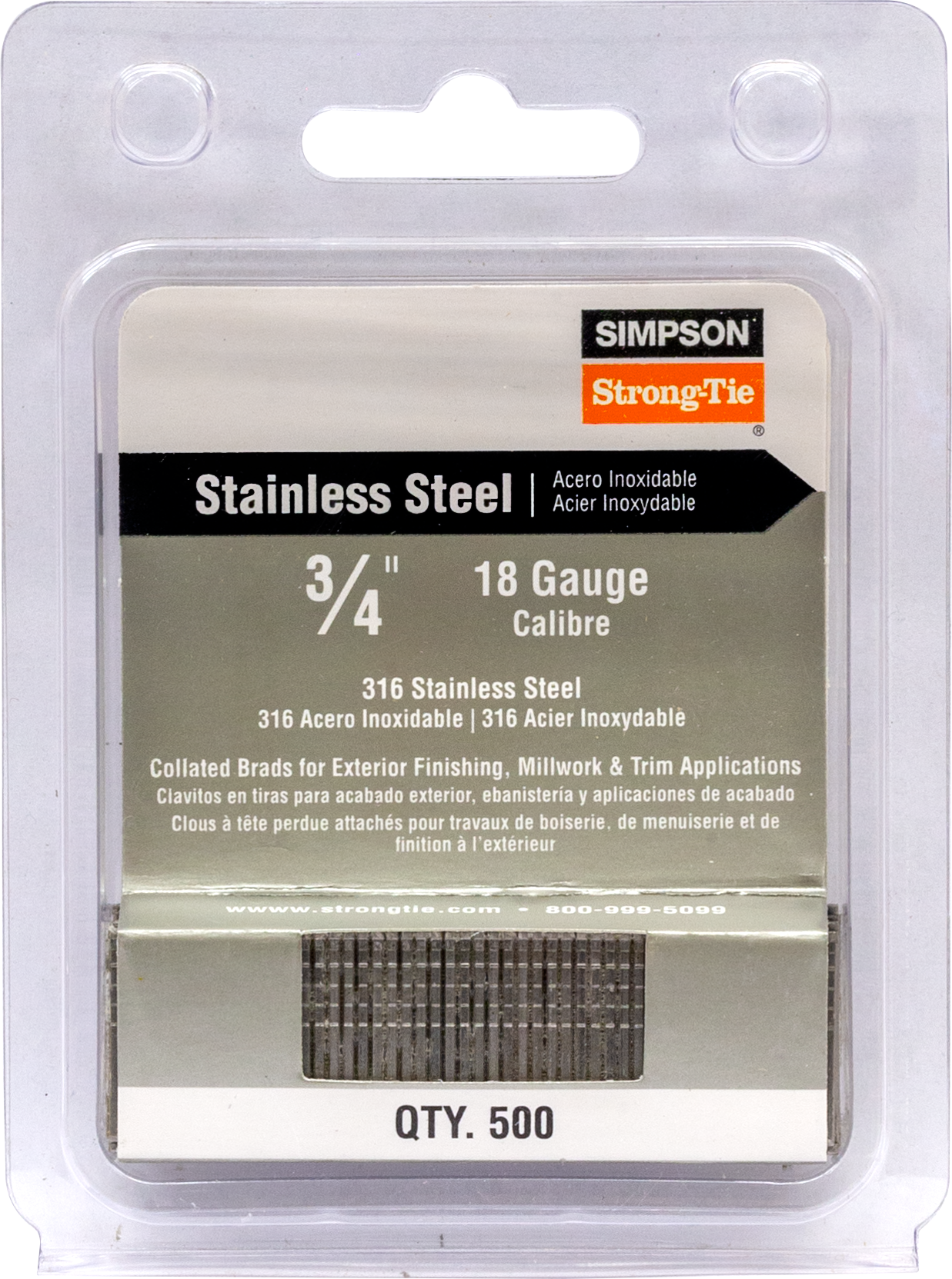 Simpson Strong-Tie T18N075FNB Straight, Adhesive Collation, T-Style Head, 18-Gauge Brads — 3/4 in. Type 316 (500-Qty)