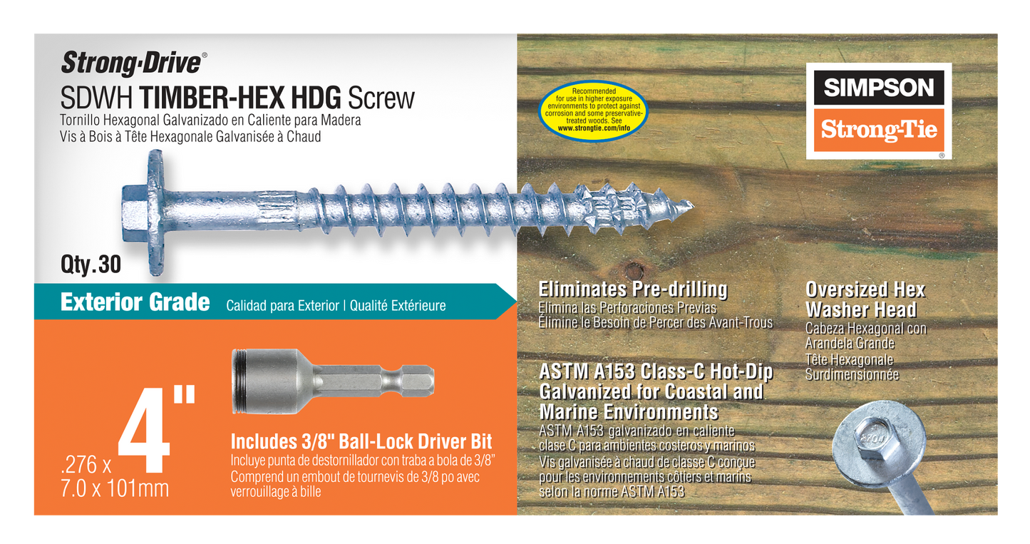 Simpson Strong-Tie SDWH27400GR30 Strong-Drive® SDWH™ TIMBER-HEX HDG Screw — 0.276 in. x 4 in. 3/8 Hex (30-Qty) (Pack of 6)