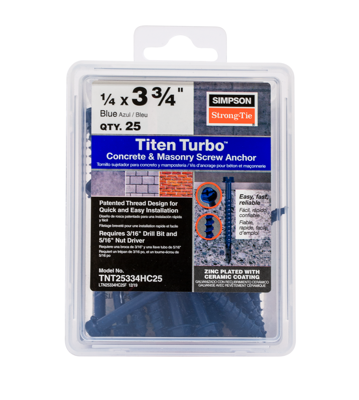 Simpson Strong-Tie TNT25334HC25 Titen Turbo™ — 1/4 in. x 3-3/4 in. Hex-Head Concrete and Masonry Screw, Blue (25-Qty) (Pack of 4)