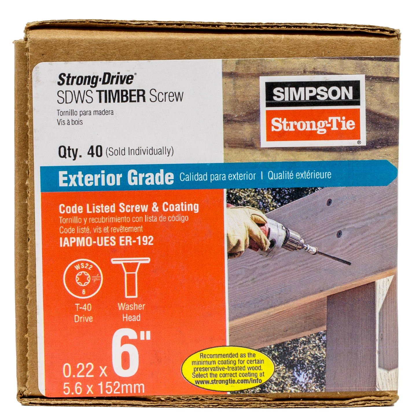 Simpson Strong-Tie SDWS22600DB-RP1 Strong-Drive® SDWS™ TIMBER Screw (Exterior Grade) — 0.220 in. x 6 in. T40, Tan (Pack of 19840)