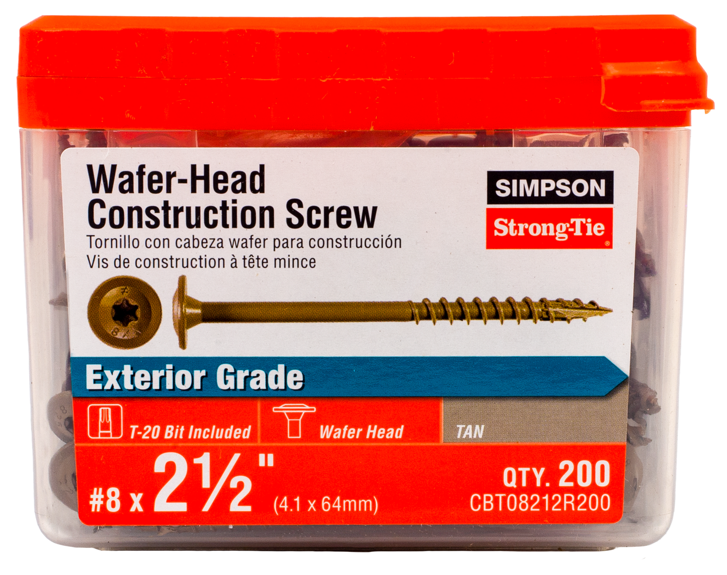 Simpson Strong-Tie CBT08212R200 Wafer-Head Construction Screw — #8 x 2-1/2 in. T20, Quik Guard®, Tan (200-Qty) (Pack of 6)