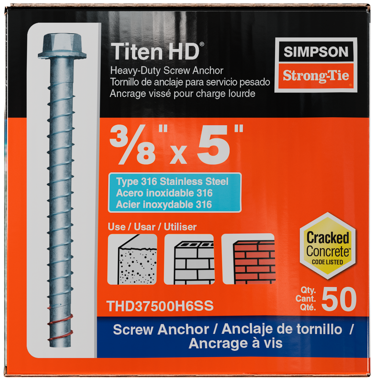 Simpson Strong-Tie THD37500H6SS Titen HD® 3/8 in. x 5 in. Type 316 Stainless Steel Heavy-Duty Screw Anchor (50-Qty)