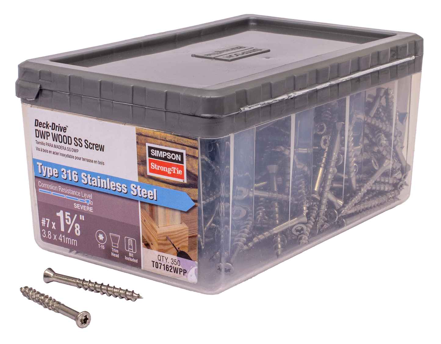 Simpson Strong-Tie T07162WPP Deck-Drive™ DWP WOOD SS Screw — #7 x 1-5/8 in. T-15, Trim Head, Type 316 (350-Qty) (Pack of 6)