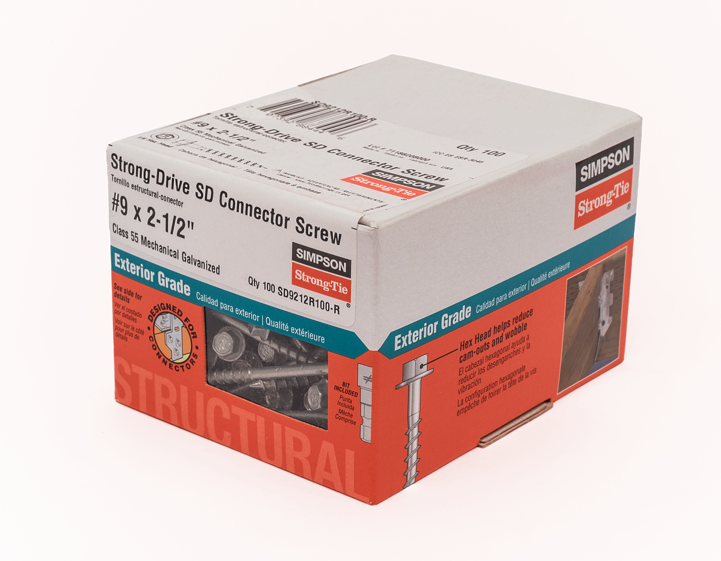 Simpson Strong-Tie SD9212R100-R Strong-Drive® SD CONNECTOR Screw — #9 x 2-1/2 in. 1/4-Hex Drive, Mech. Galv. (100-Qty) (Pack of 4)
