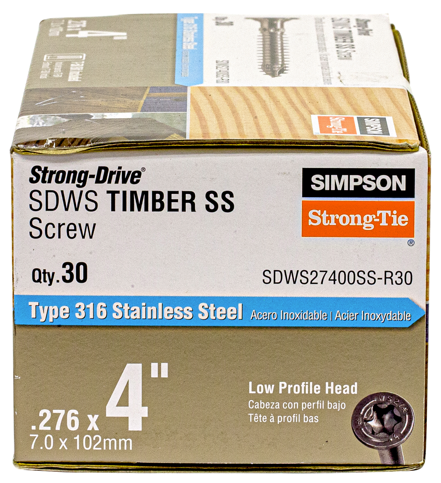 Simpson Strong-Tie SDWS27400SS-R30 Strong-Drive® SDWS™ TIMBER Screw — 0.275 in. x 4 in. T50, Type 316 (30-Qty) (Pack of 6)