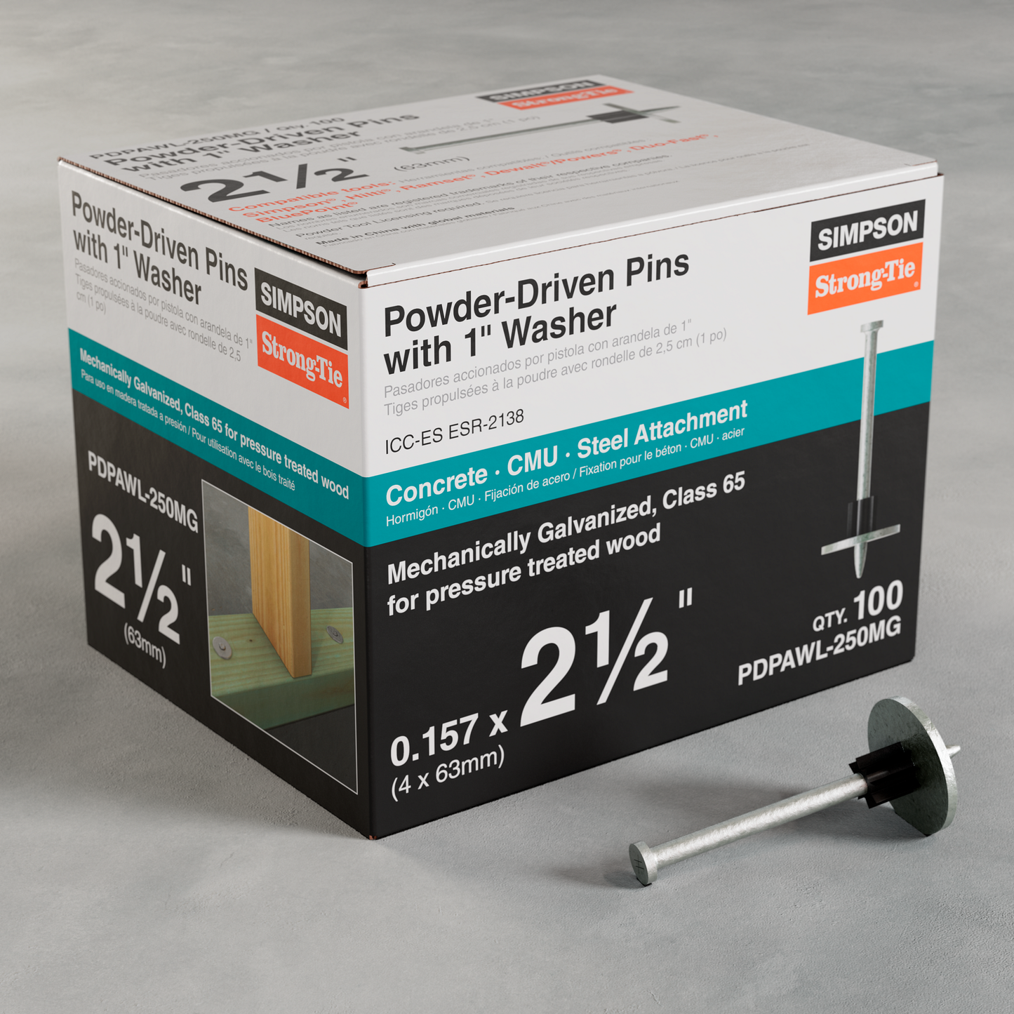 Simpson Strong-Tie PDPAWL-250MG PDPAWL .157 in. x 2-1/2 in. Mechanically Galvanized Powder-Actuated Pin w/ 1 in. Washer (100-Qty) (Pack of 10)
