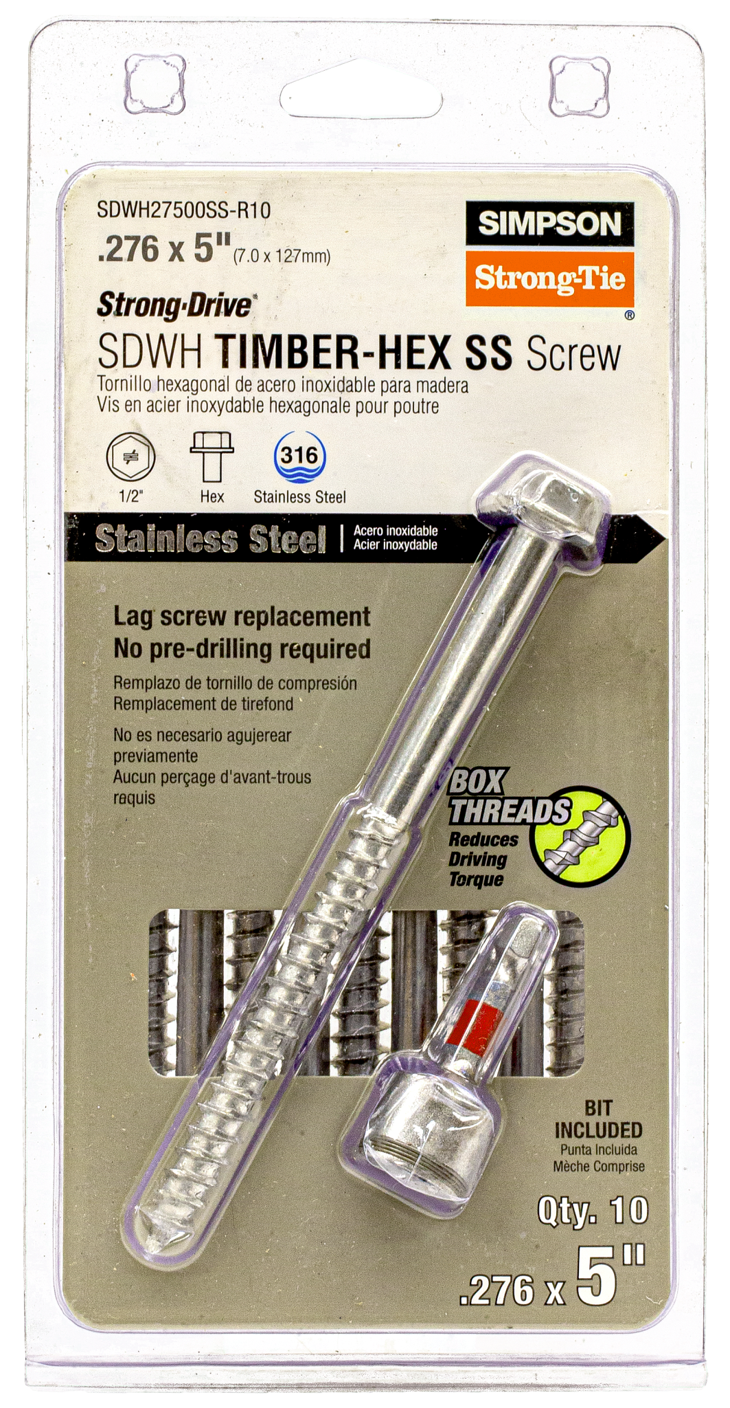 Simpson Strong-Tie SDWH27500SS-R10 Strong-Drive® SDWH™ TIMBER-HEX SS Screw — 0.275 in. x 5 in. 1/2 Hex, Type 316 (10-Qty) (Pack of 6)
