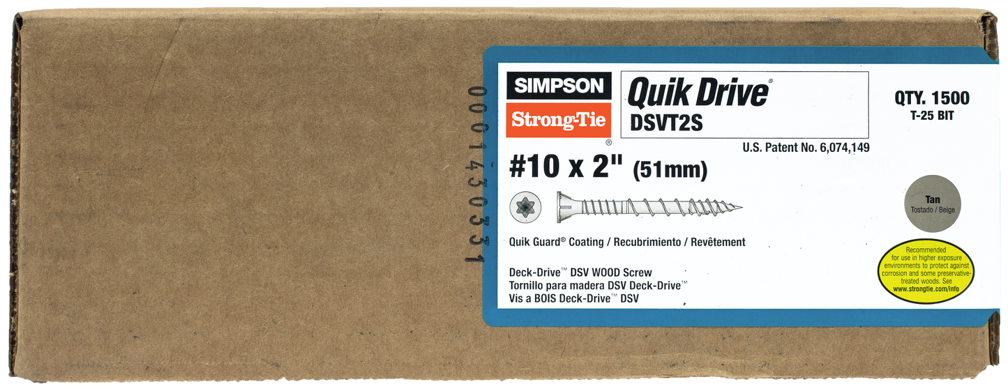 Simpson Strong-Tie DSVT2S Deck-Drive™ DSV WOOD Screw (Collated) — #10 x 2 in. T25 6-Lobe, Tan (1500-Qty) (Pack of 100)