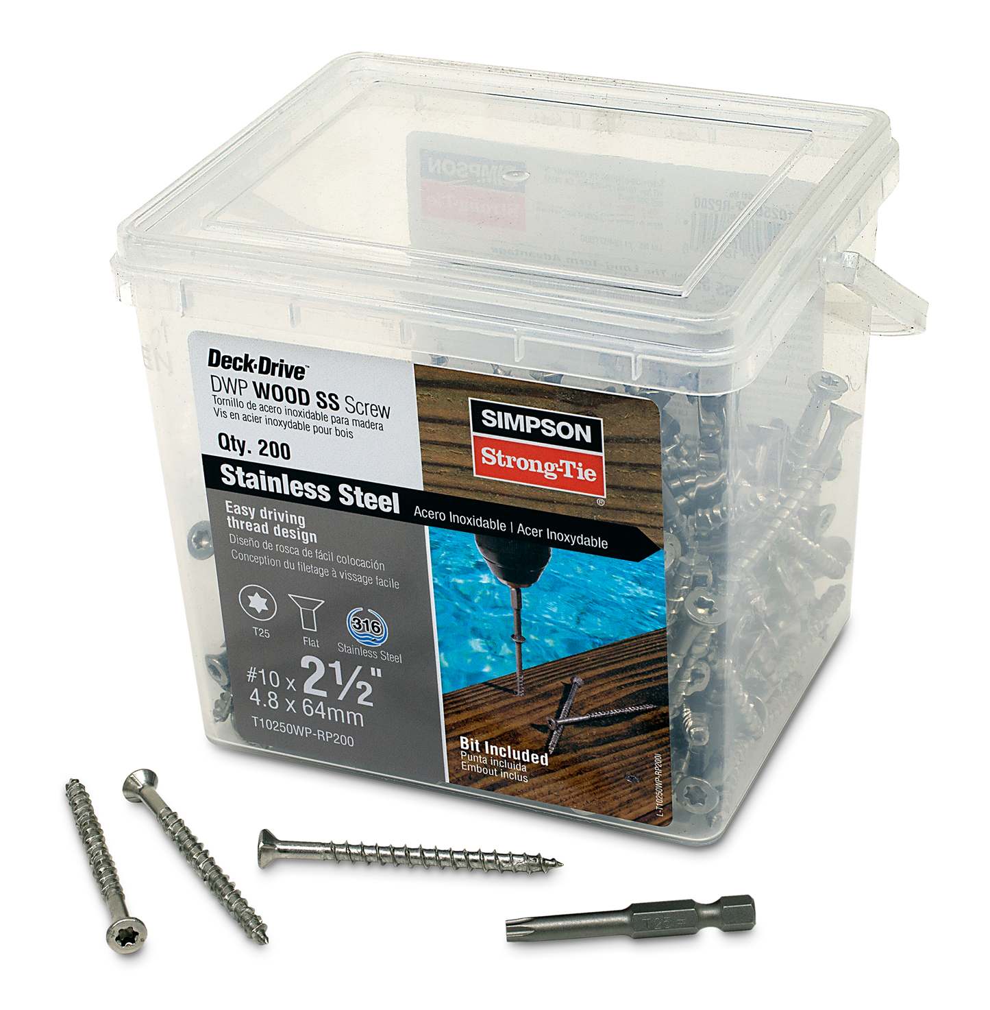 Simpson Strong-Tie T10250WP-RP200 Deck-Drive™ DWP WOOD SS Screw — #10 x 2-1/2 in. T25, Flat Head, Type 316 (200-Qty) (Pack of 336)
