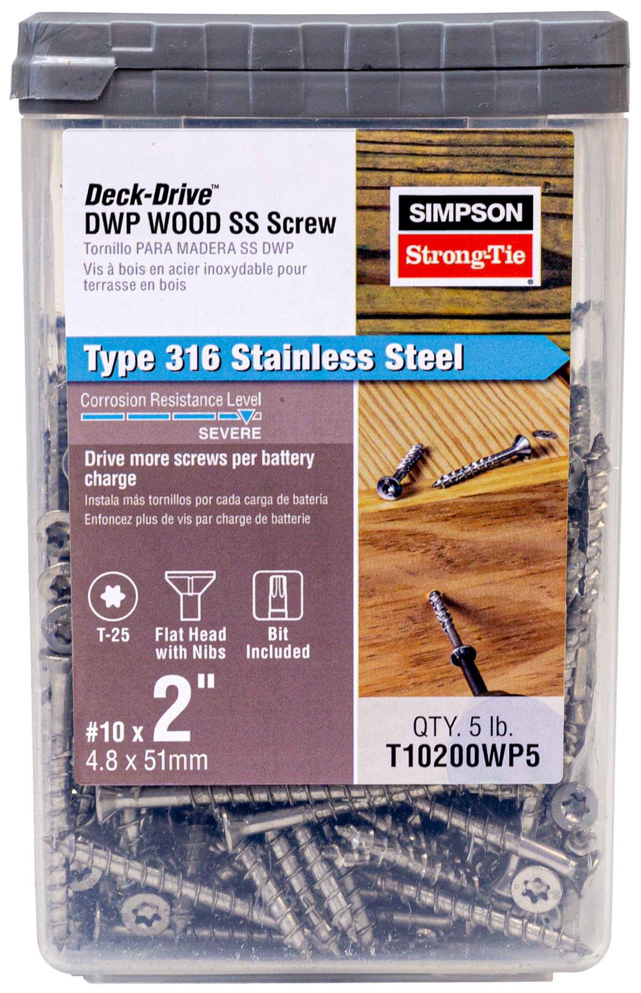 Simpson Strong-Tie T10200WP5 Deck-Drive™ DWP WOOD SS Screw — #10 x 2 in. T-25, Flat Head, Type 316 (5 lb.) (Pack of 6)
