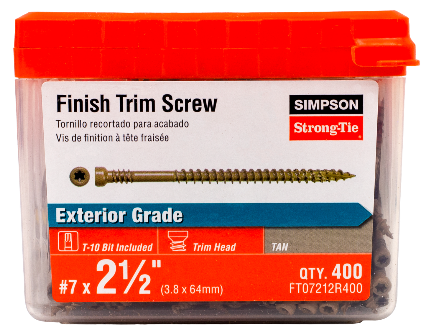 Simpson Strong-Tie FT07212R400 Finish Trim Screw — #7 x 2-1/2 in. T10, Trim-Head, Quik Guard®, Tan (400-Qty) (Pack of 6)