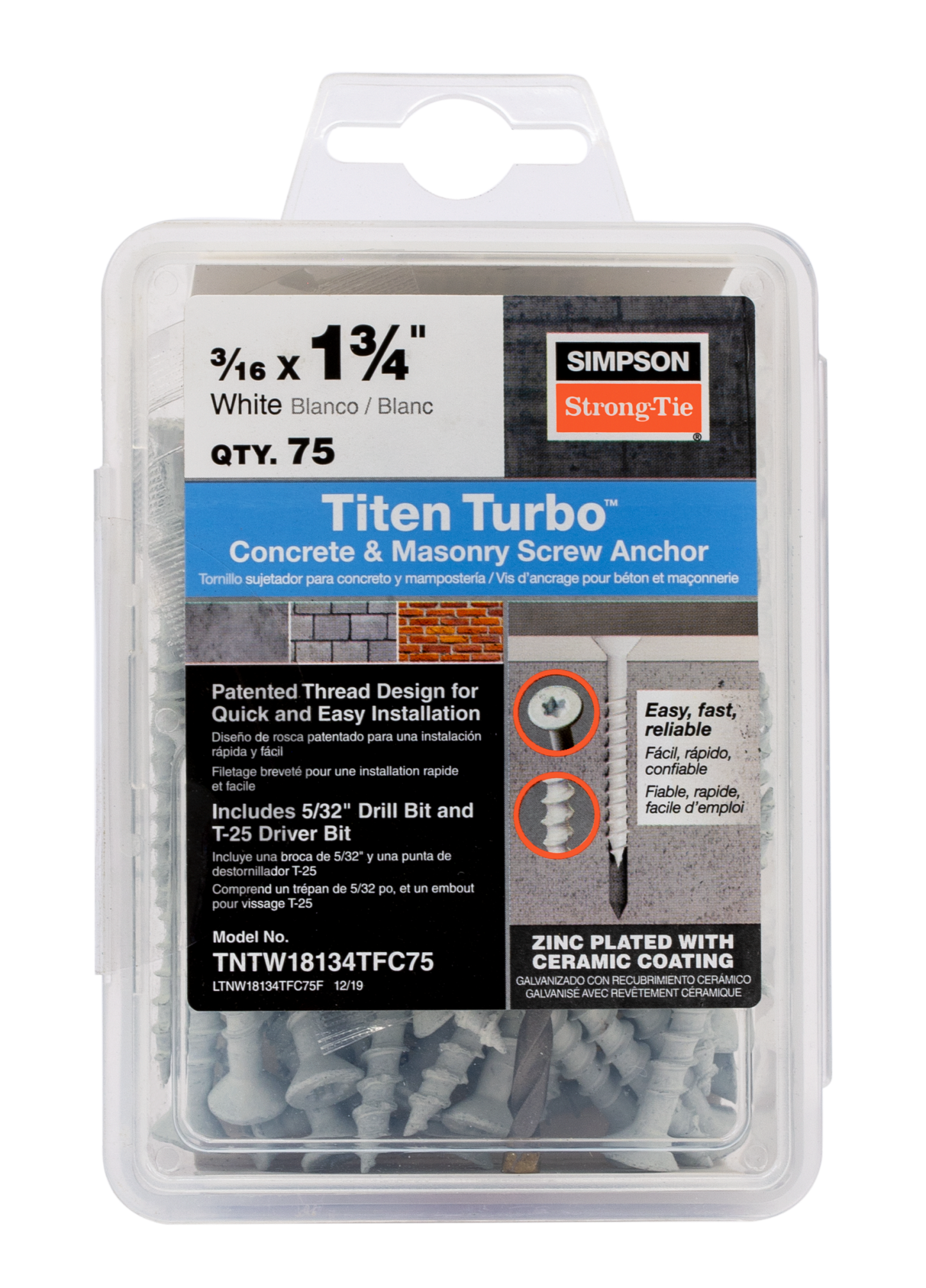 Simpson Strong-Tie TNTW18134TFC75 Titen Turbo™ — 3/16 in. x 1-3/4 in. 6-Lobe Flat-Head Concrete and Masonry Screw, White (75-Qty) (Pack of 5)