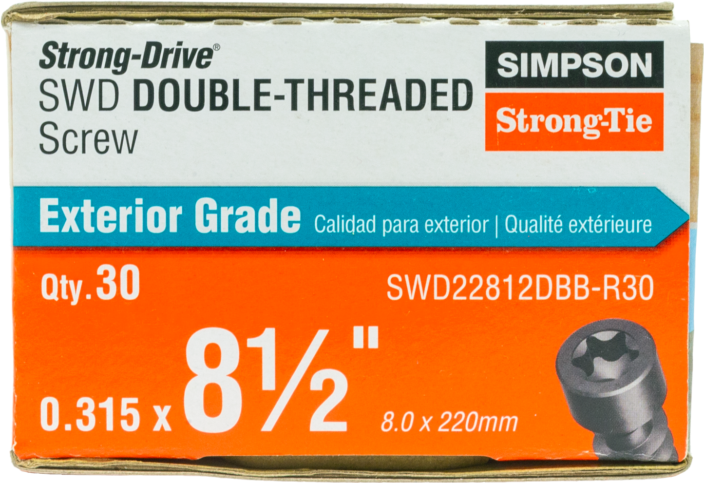 Simpson Strong-Tie SWD22812DBB-R30 Strong Drive® SWD Double-Threaded™ Screw —  0.235-in. x 8-1/2-in. T40, Black (30-Qty)